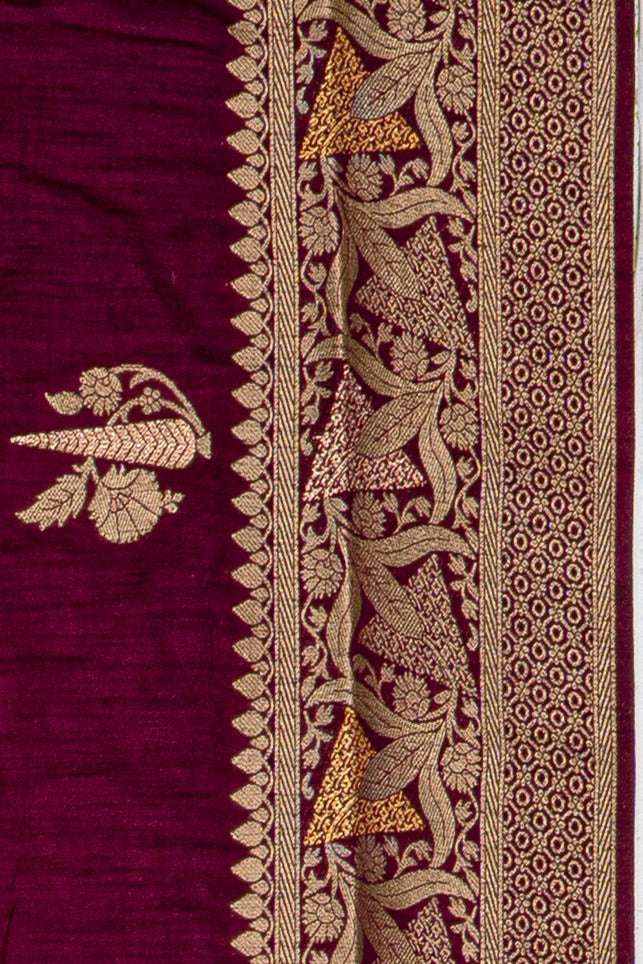 Wine Jute Silk Saree with Gold and Copper Zariwork