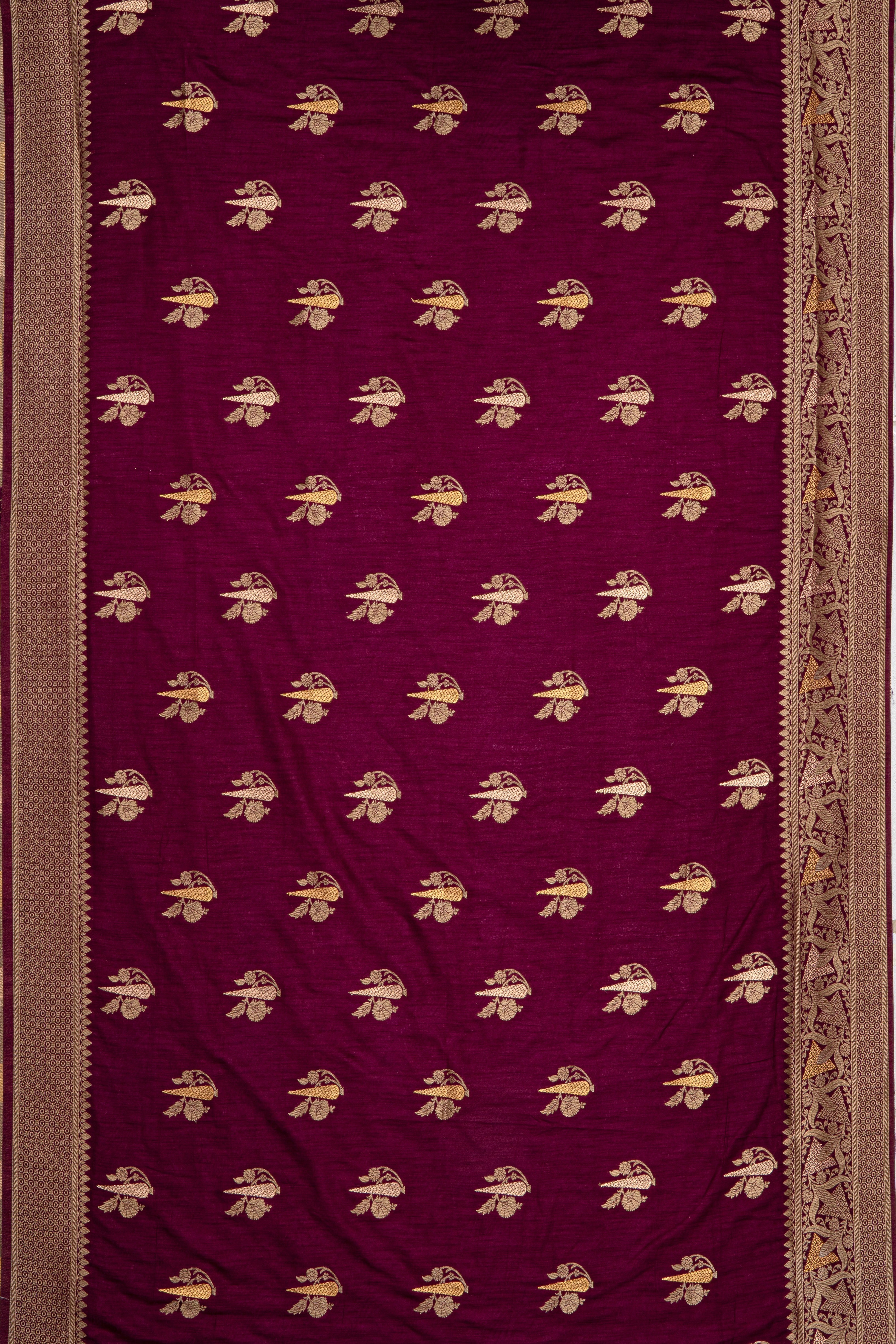 Wine Jute Silk Saree with Gold and Copper Zariwork