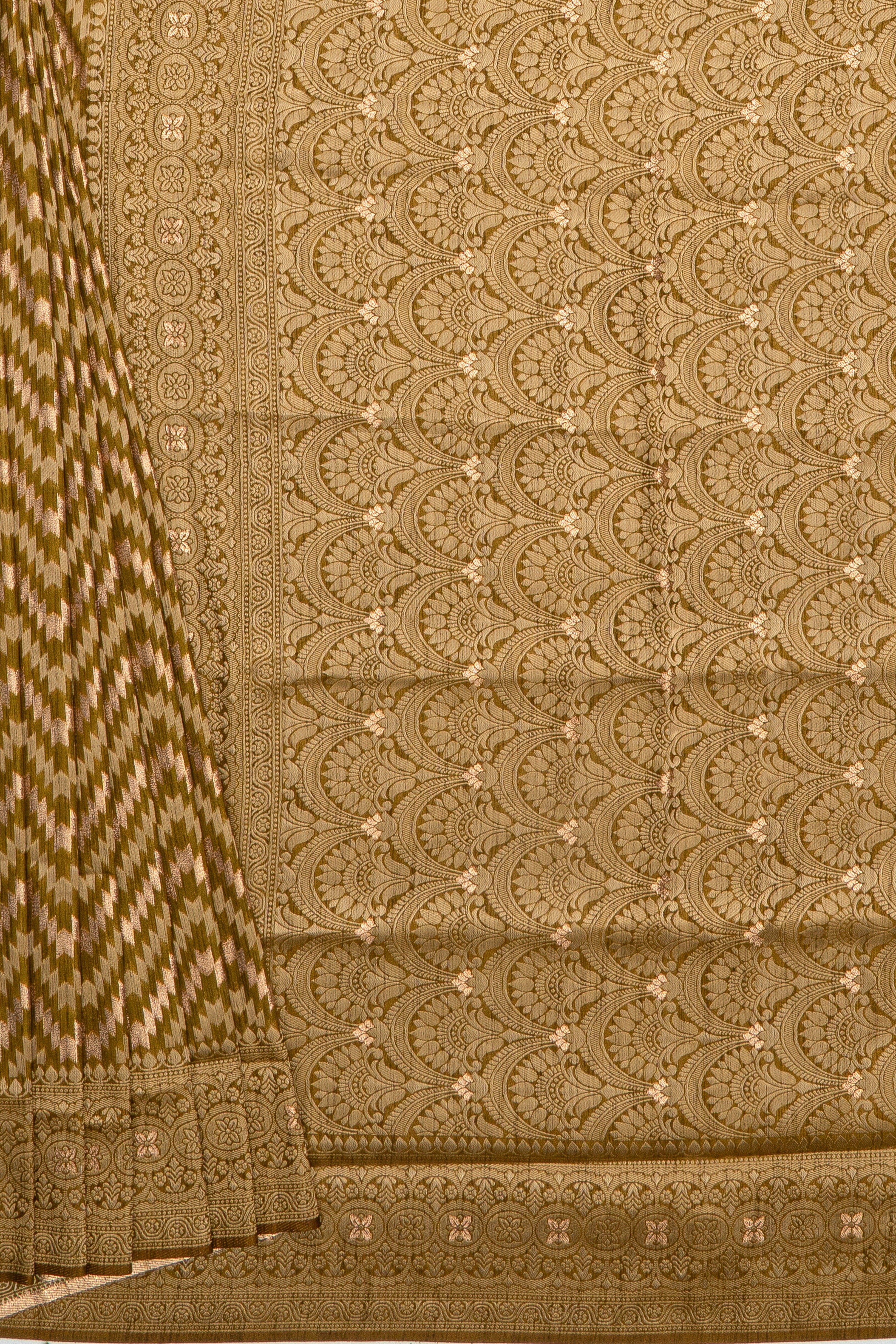 Olive Green Dola Silk Saree with Geometric stripes
