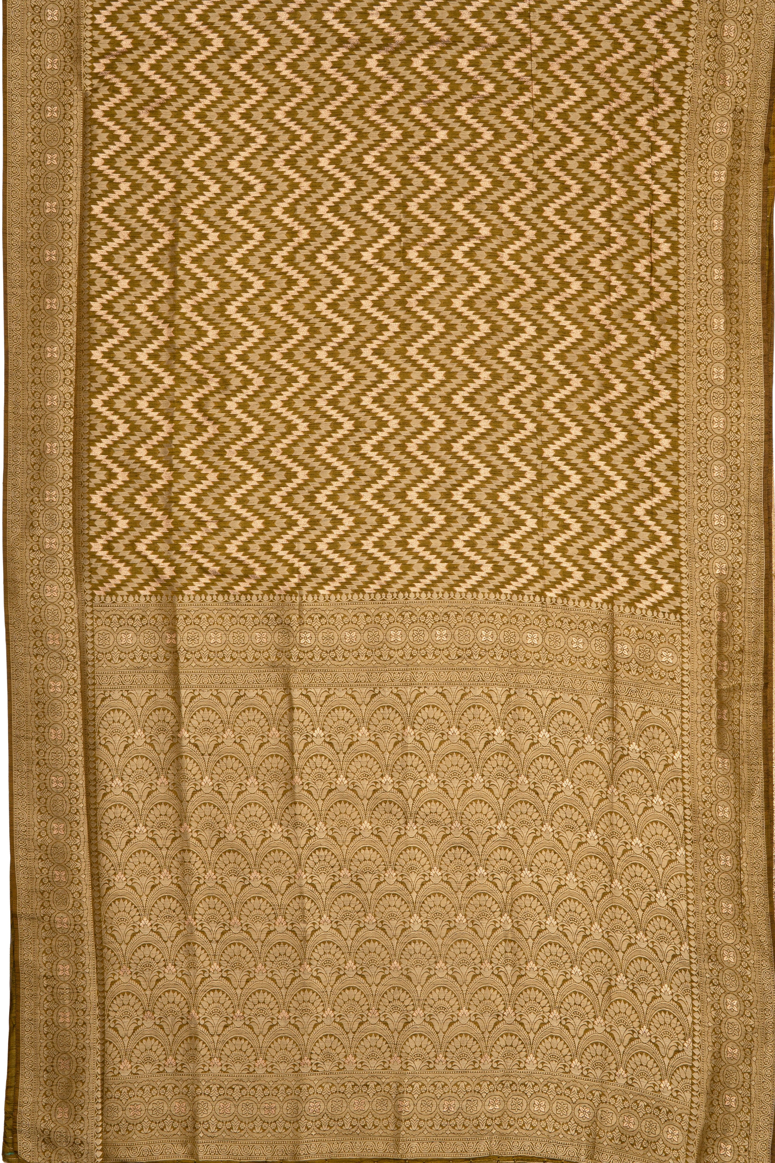 Olive Green Dola Silk Saree with Geometric stripes