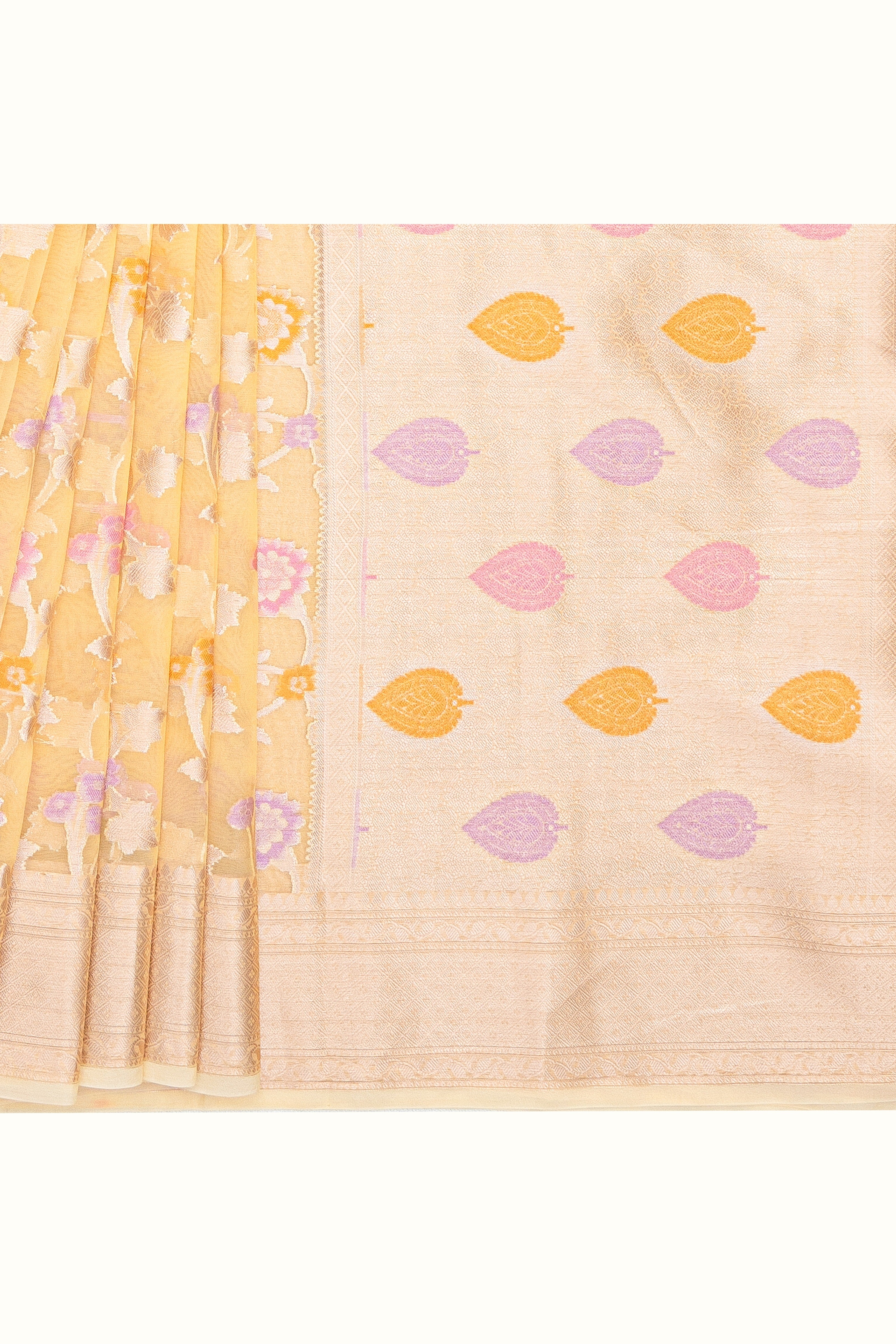 Pastel Yellow Organza Saree with Veil Zariwork