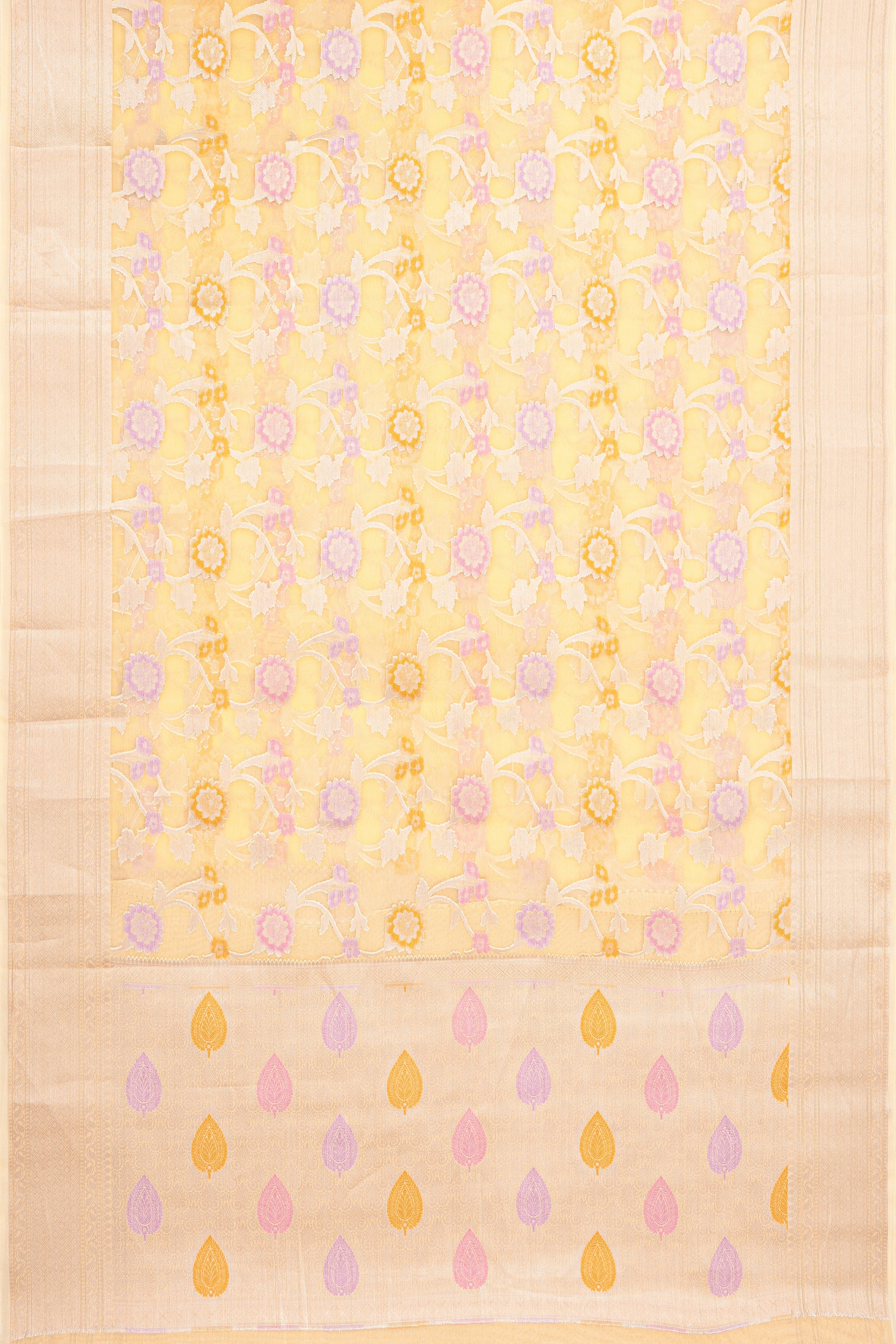 Pastel Yellow Organza Saree with Veil Zariwork