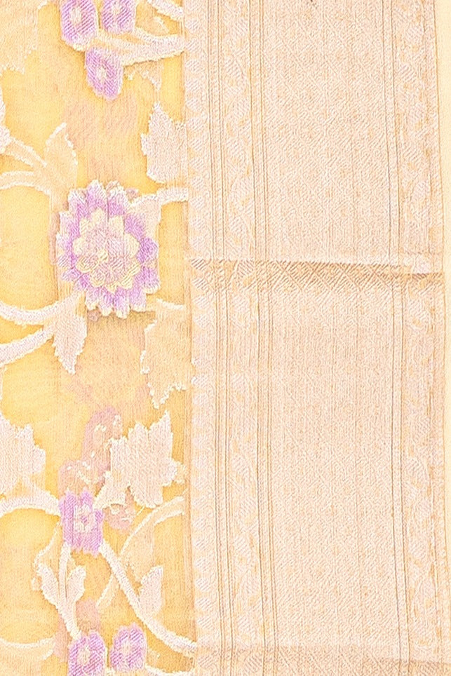 Pastel Yellow Organza Saree with Veil Zariwork