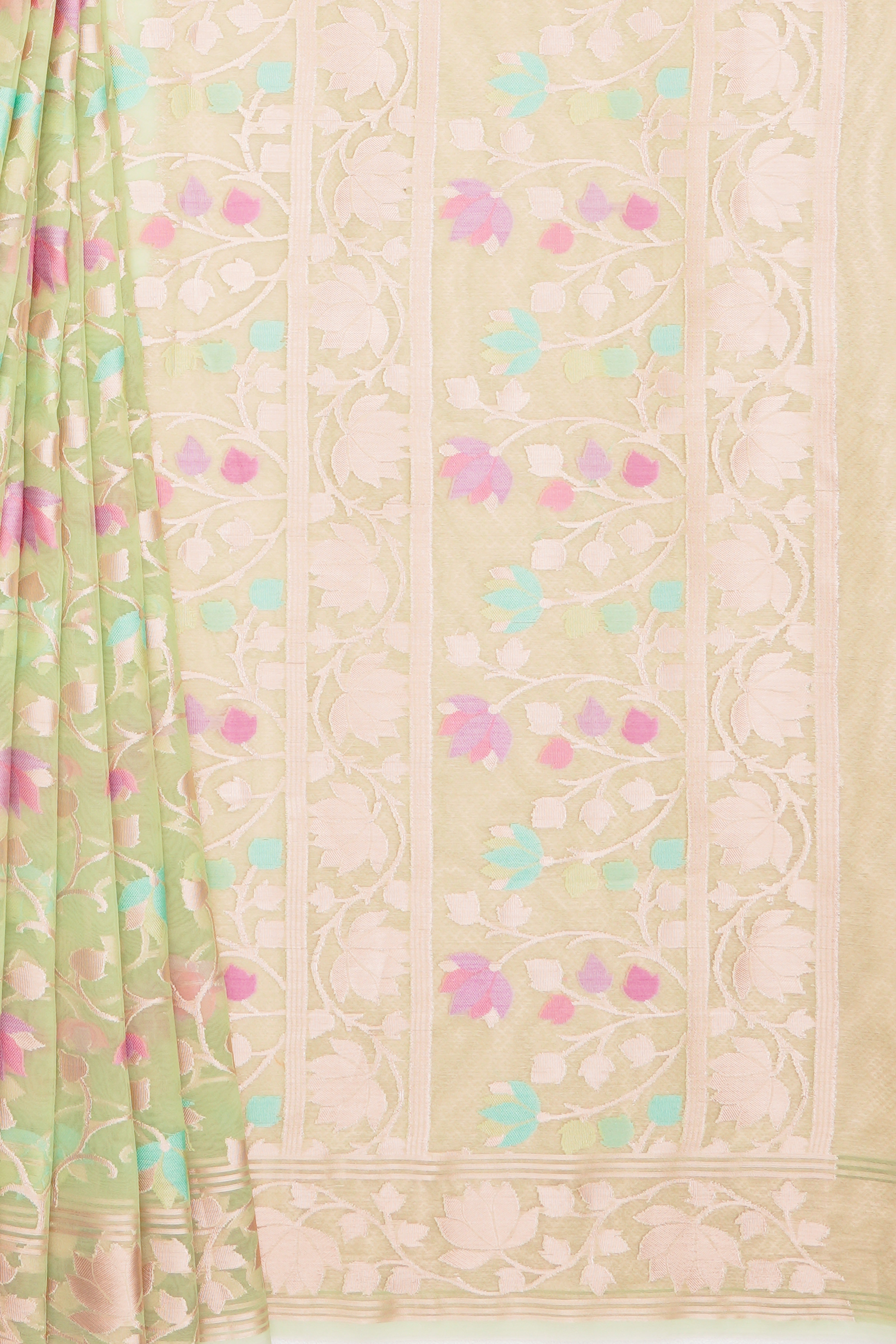 Pastel Green Organza Saree with Veil Zariwork