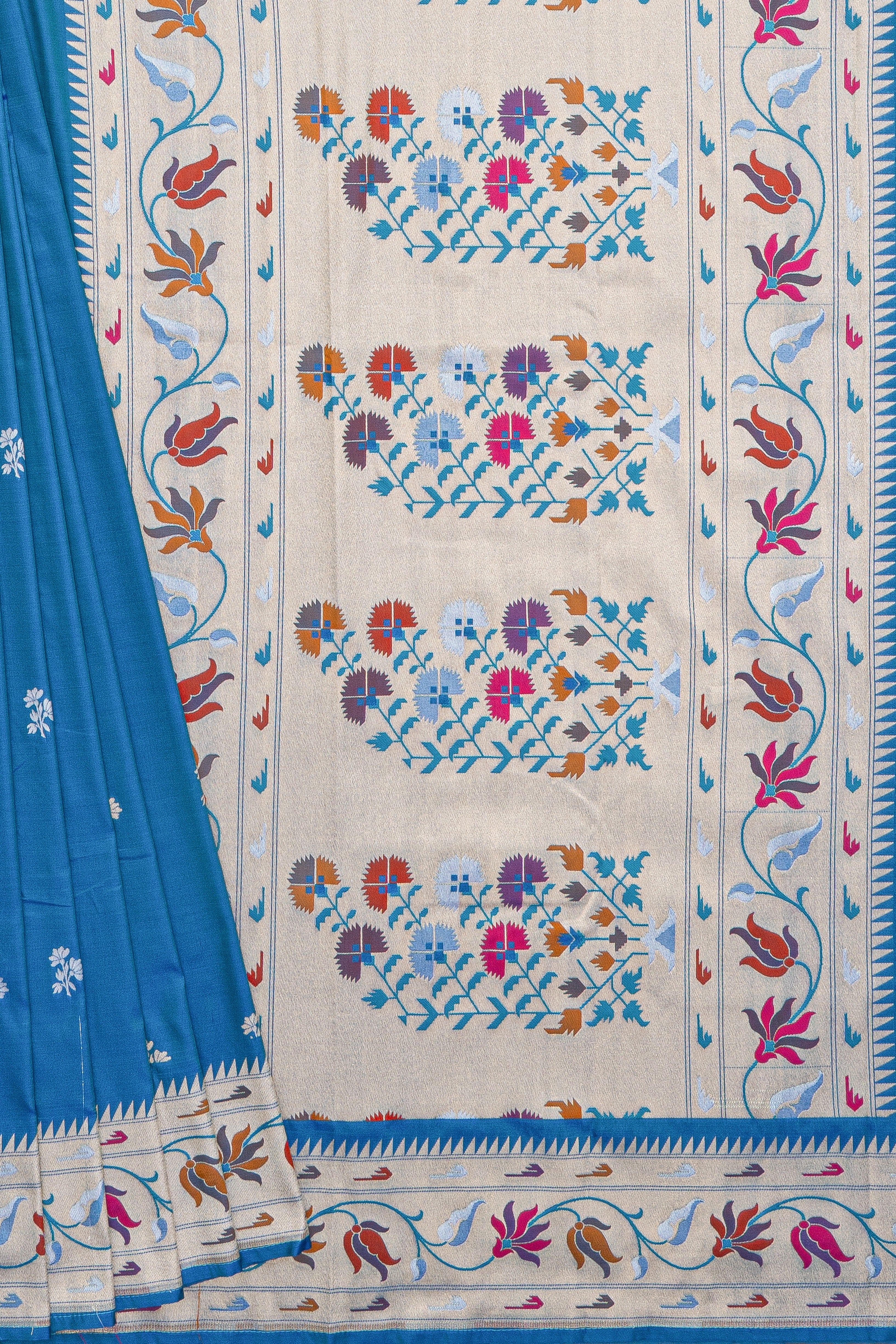 Blue Katan Silk Saree with Lotus border