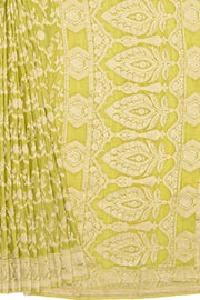 Lime Green Crepe Silk Saree with Veil Zariwork