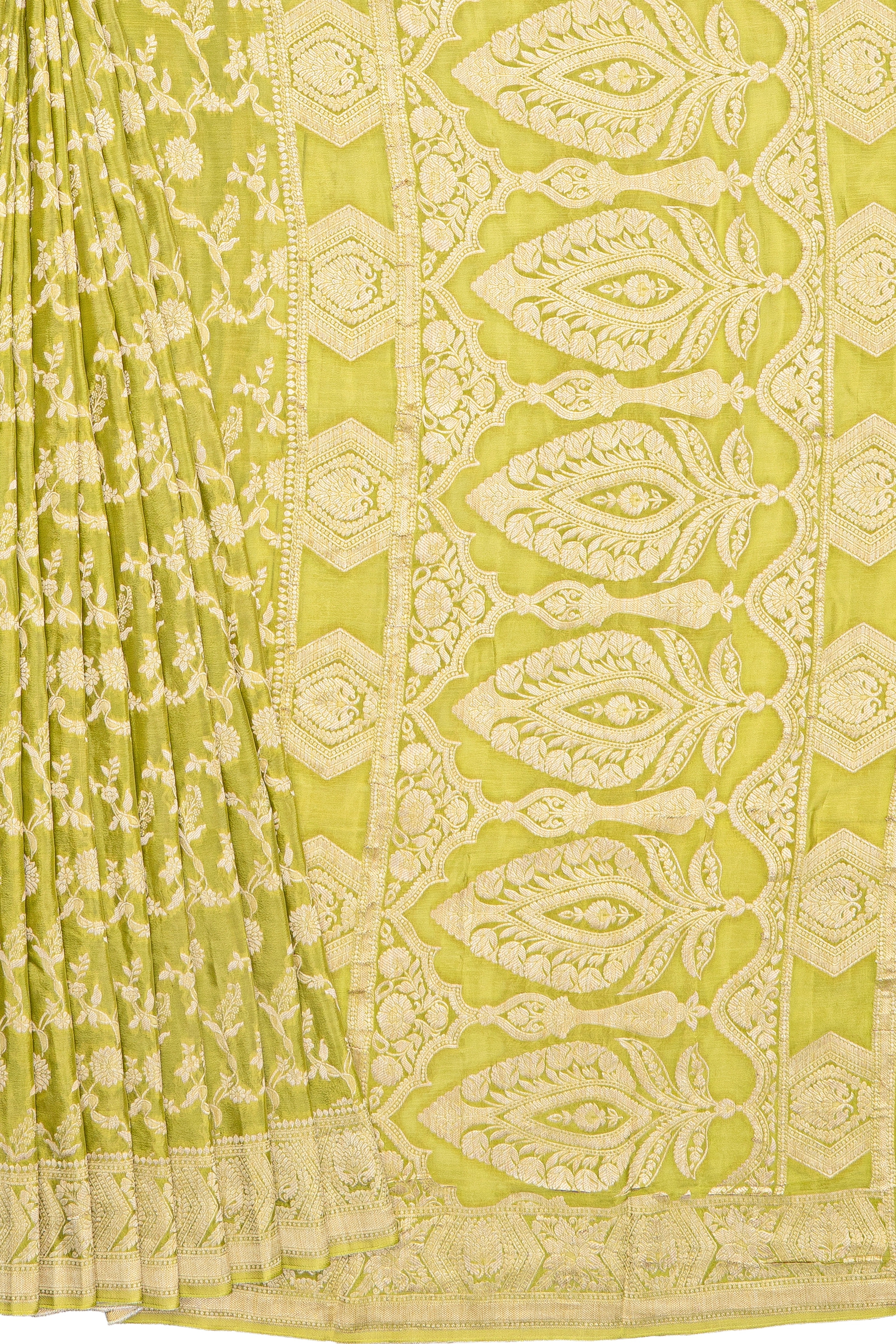 Lime Green Crepe Silk Saree with Veil Zariwork