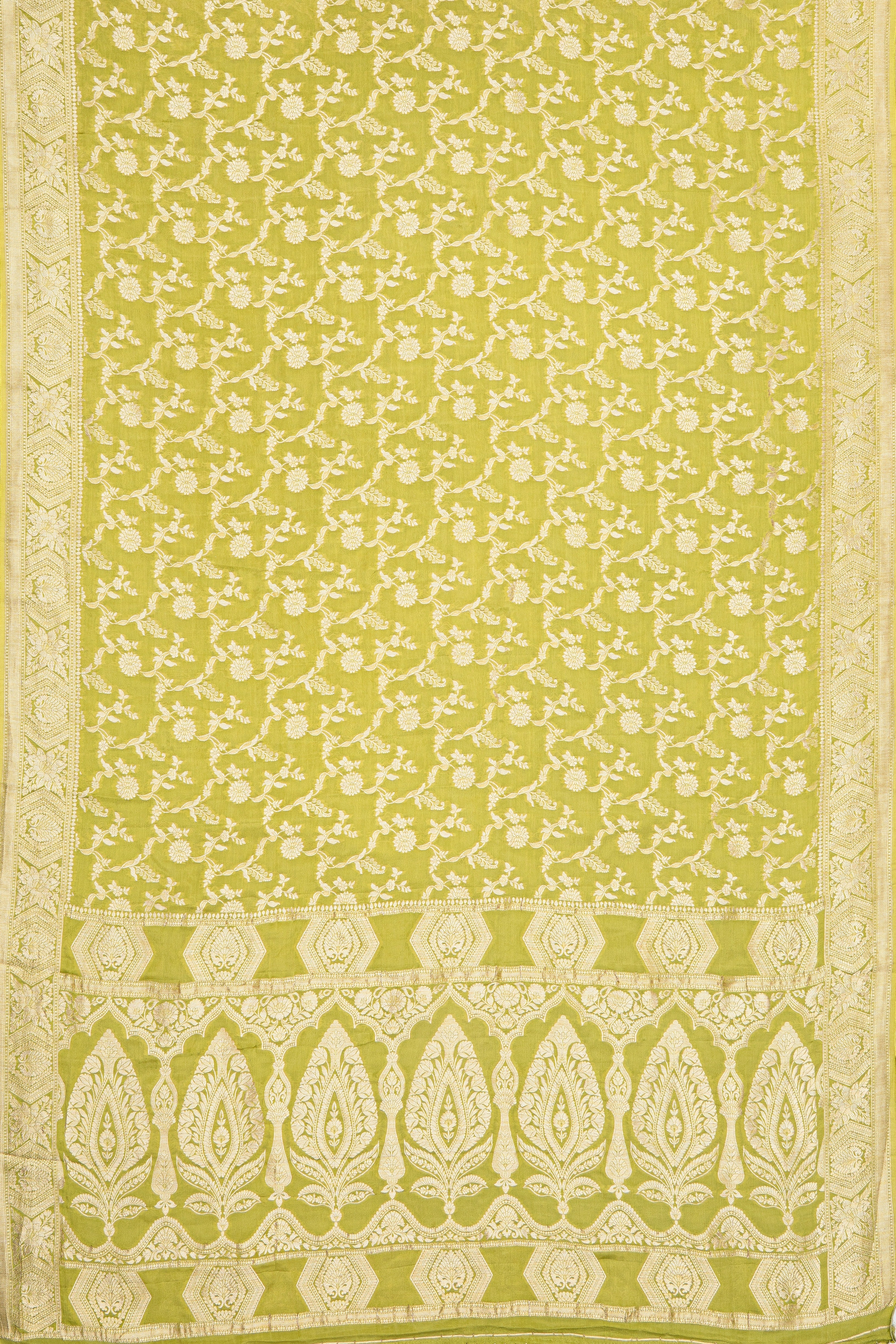 Lime Green Crepe Silk Saree with Veil Zariwork