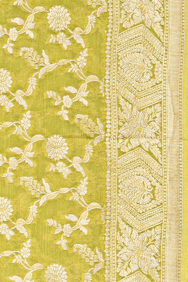 Lime Green Crepe Silk Saree with Veil Zariwork