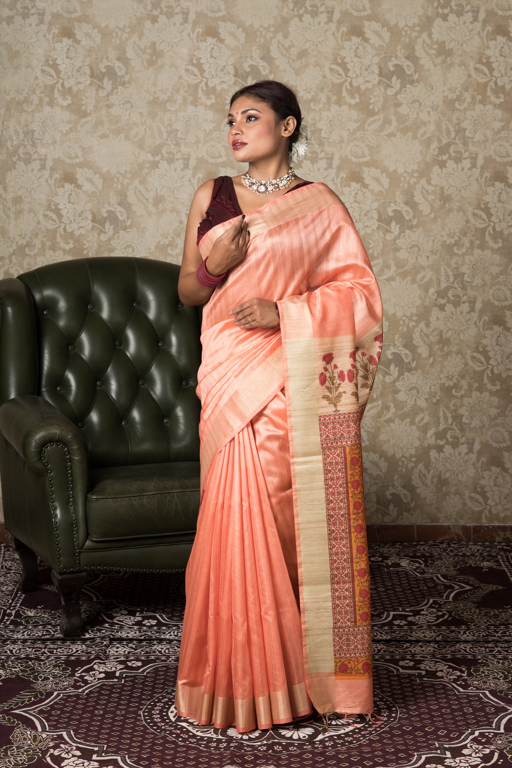 Pink Tussar Silk Saree
