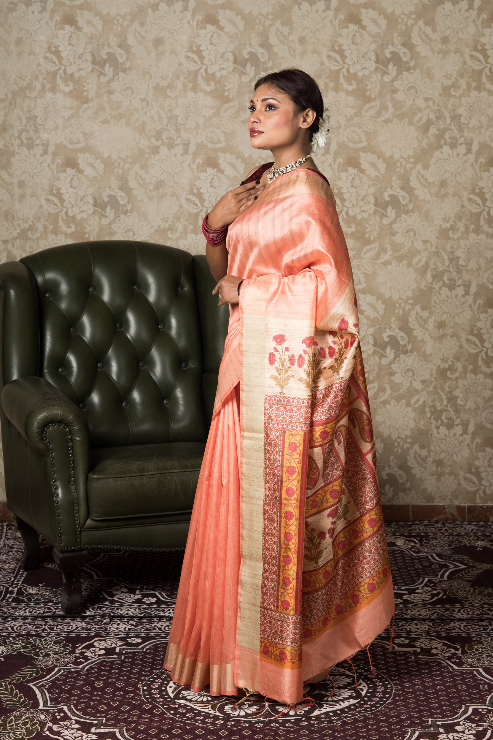 Pink Tussar Silk Saree