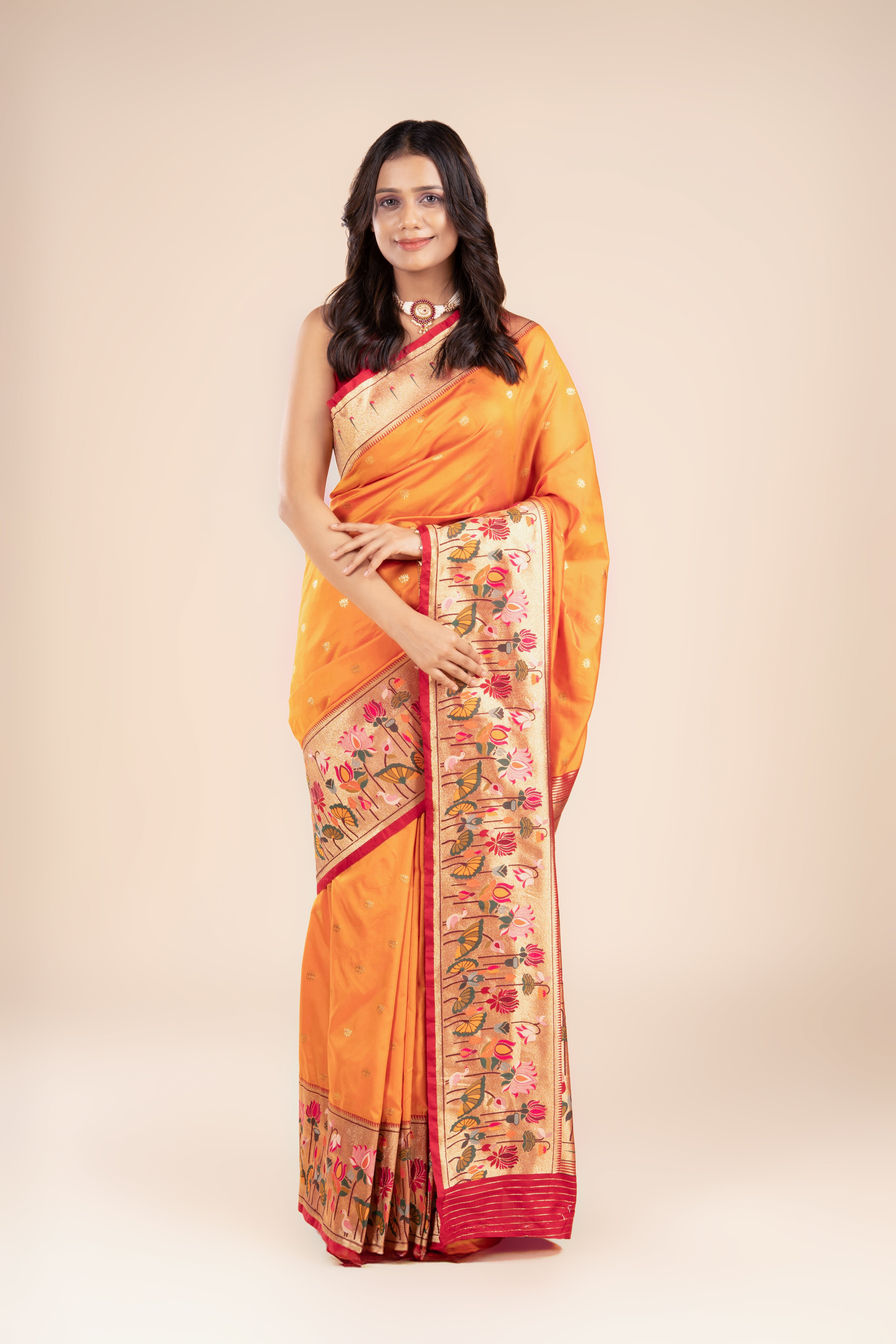 Orange Katan Silk Paithani Saree with Lotus border