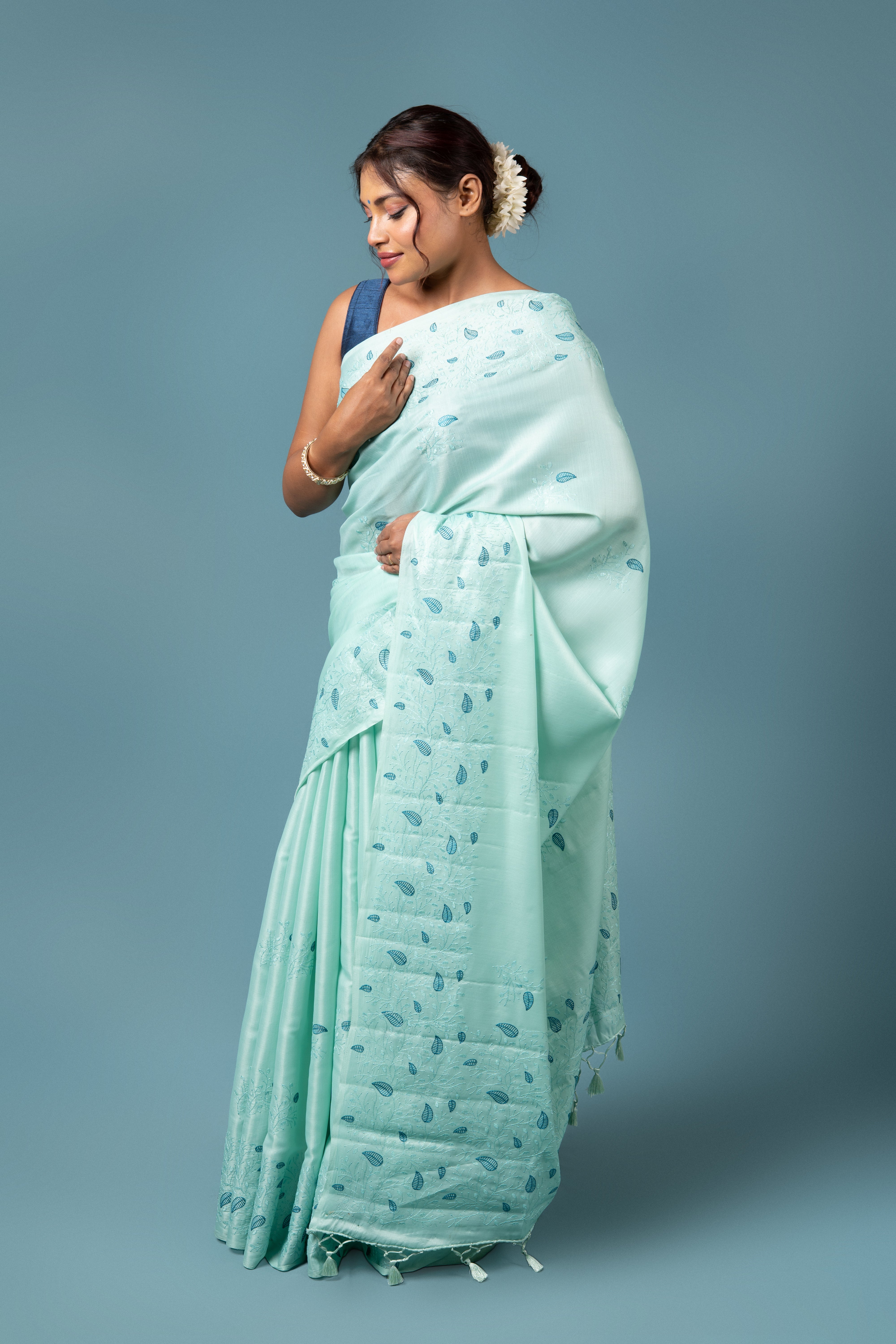 Sea Green Tussar Silk Saree