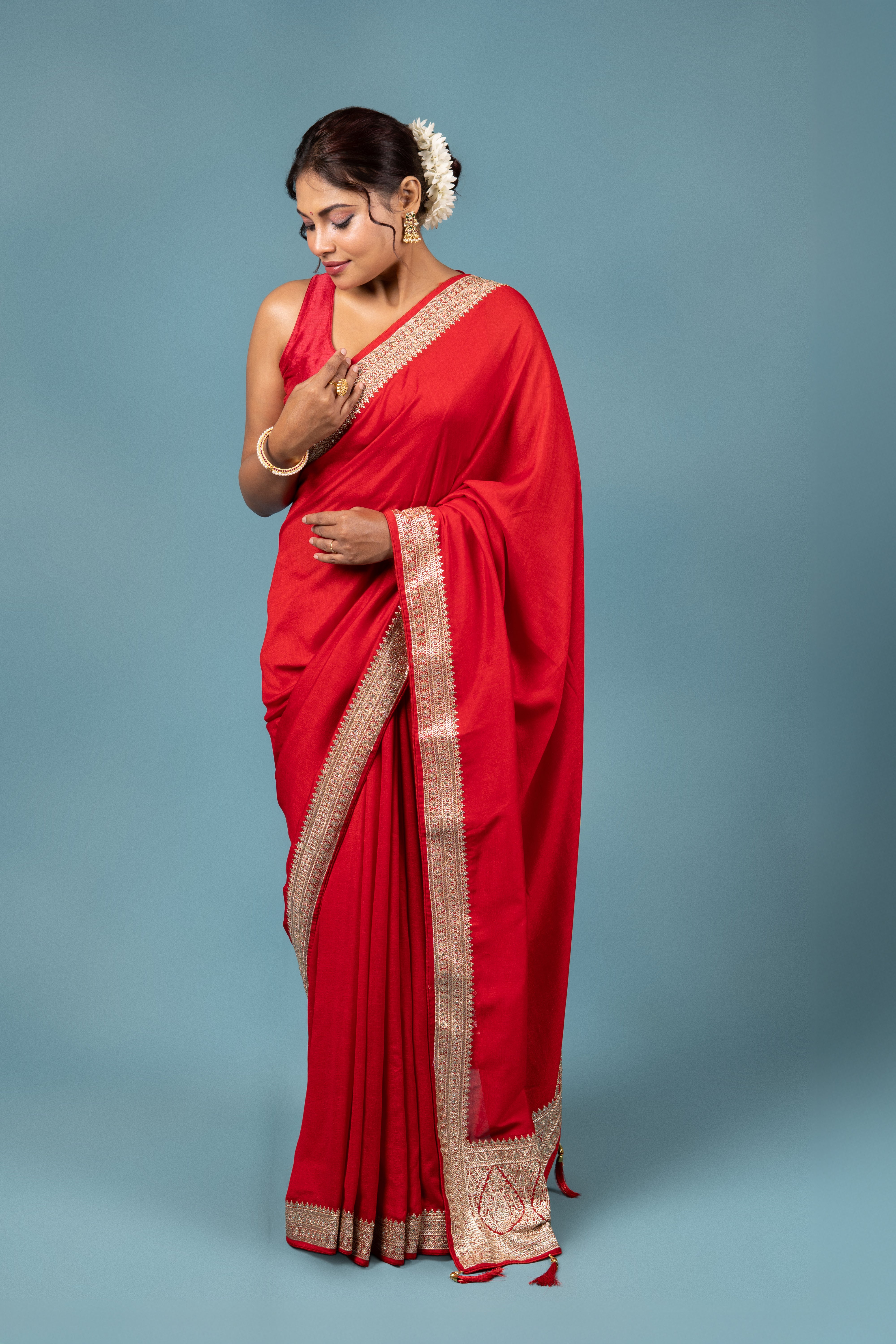 Red Jute Silk Saree With Stonework