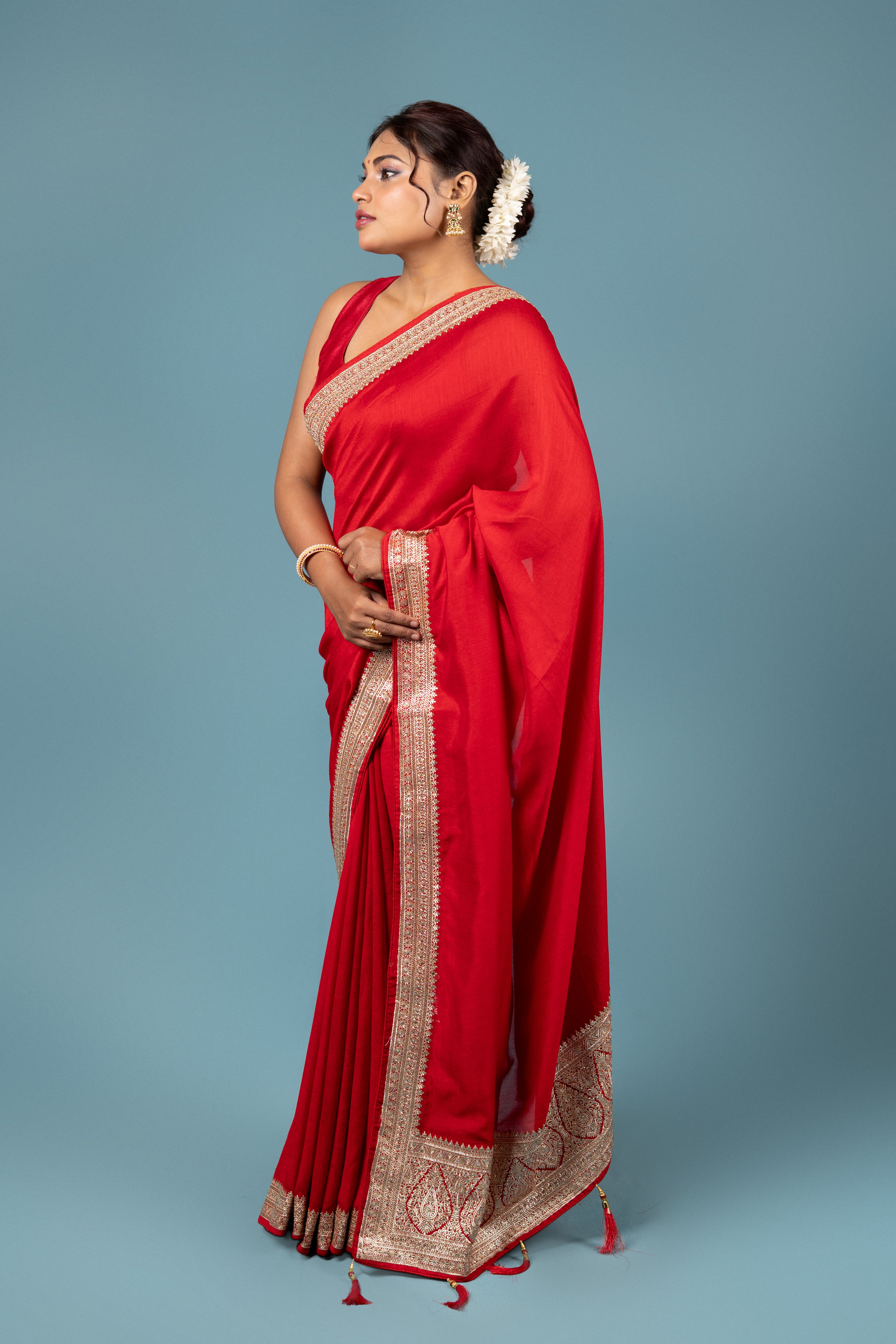 Red Jute Silk Saree With Stonework