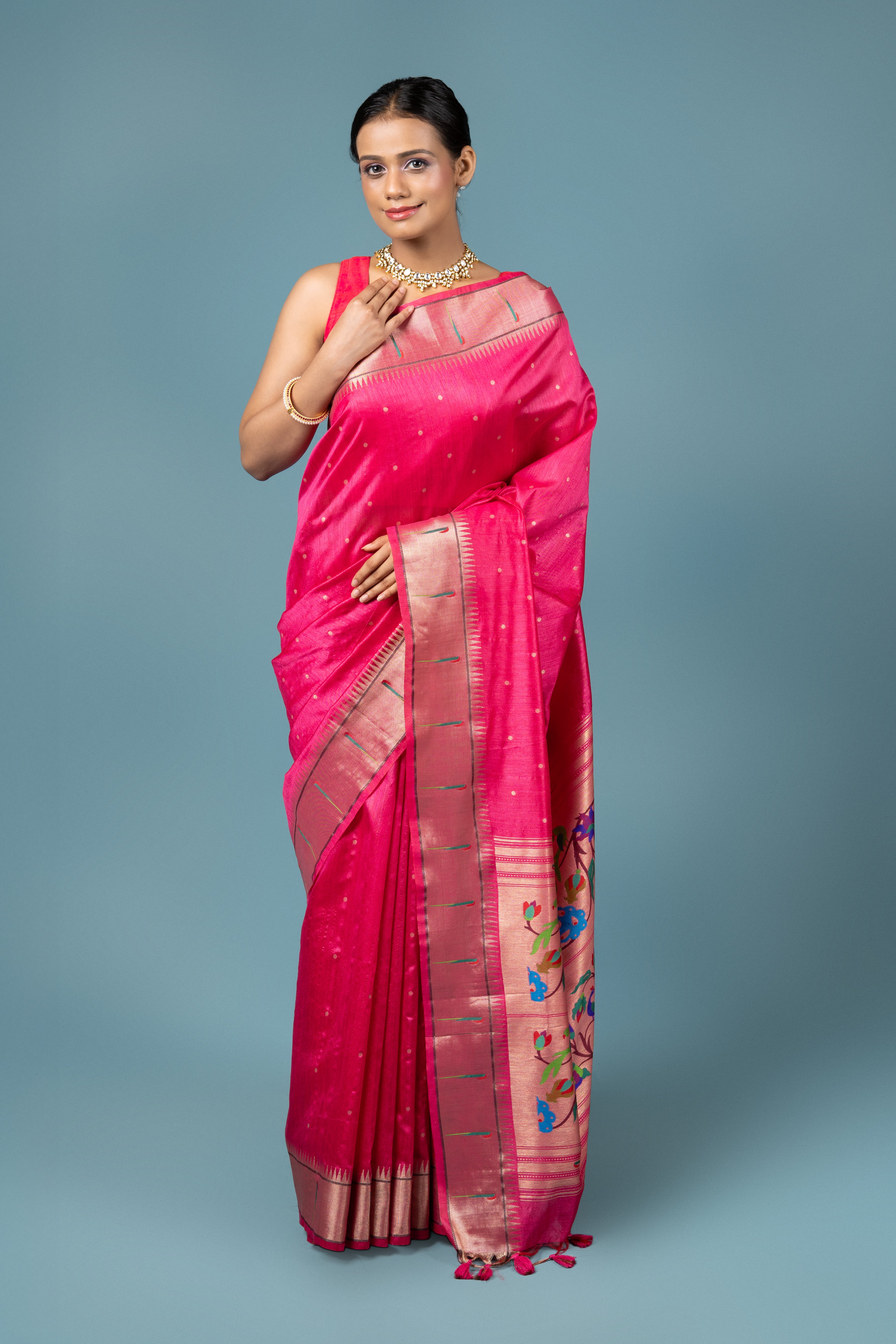 Rani Pink Tussar Silk Paithani Saree
