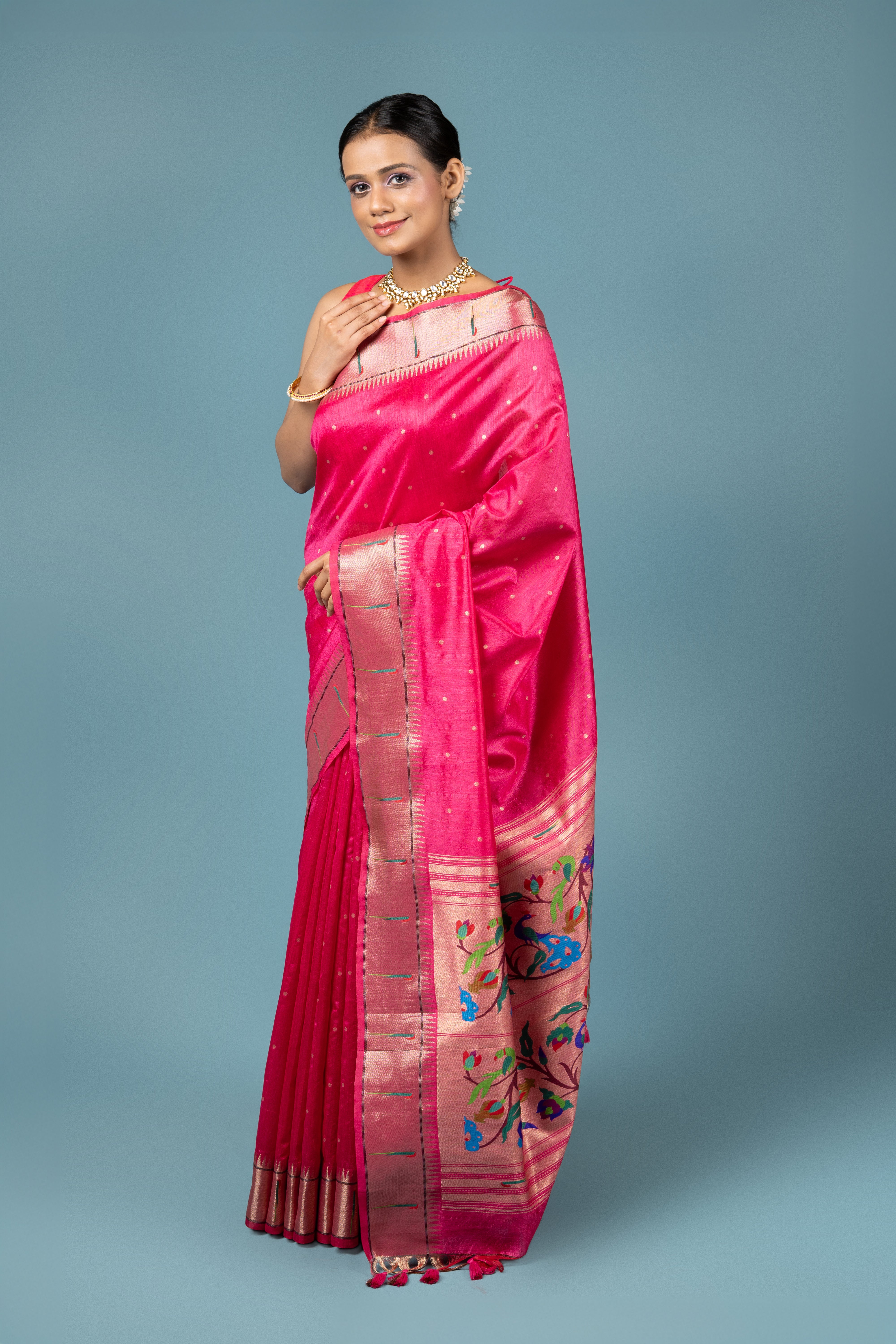 Rani Pink Tussar Silk Paithani Saree