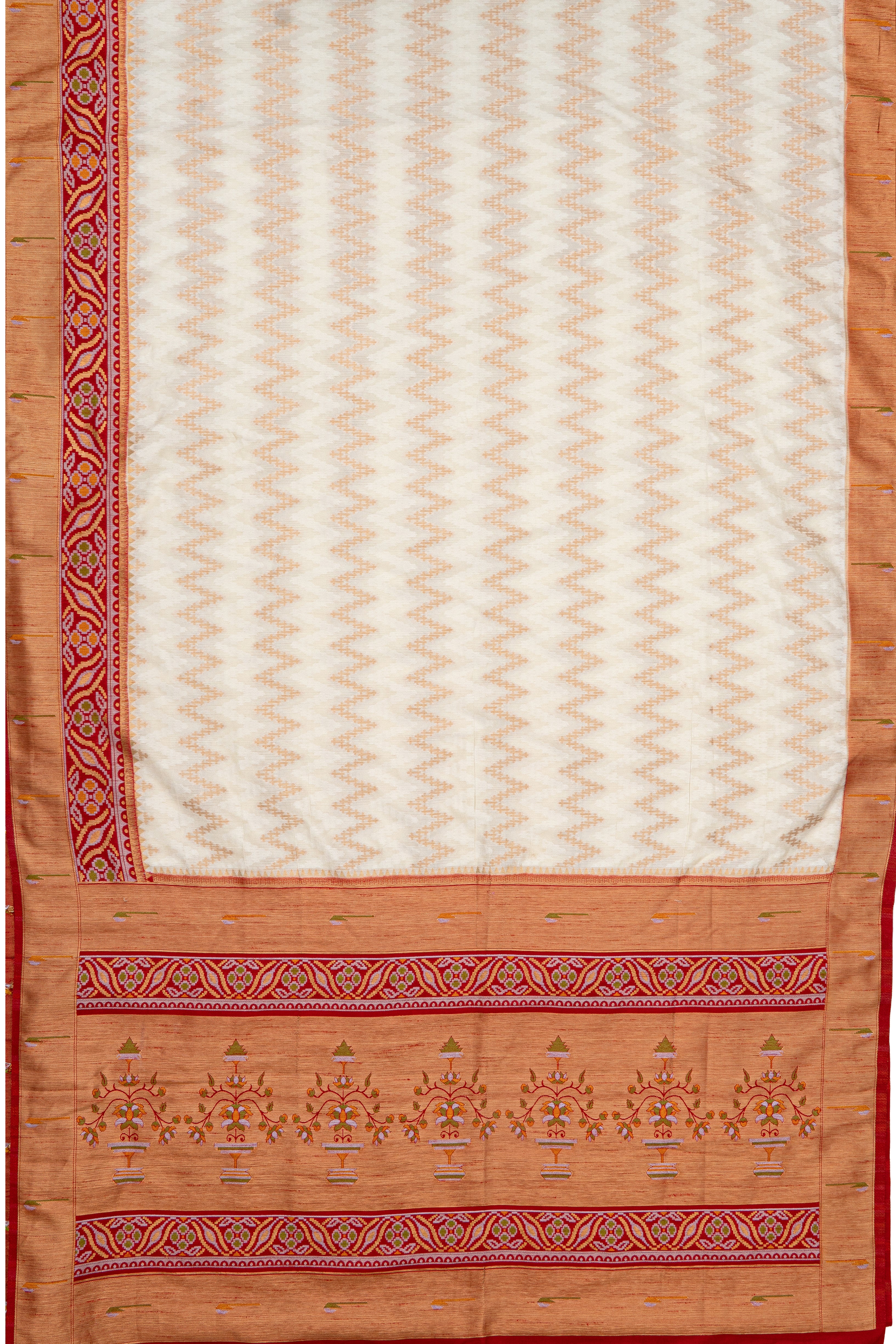 White Tussar Silk Patola Saree with contrast Red border
