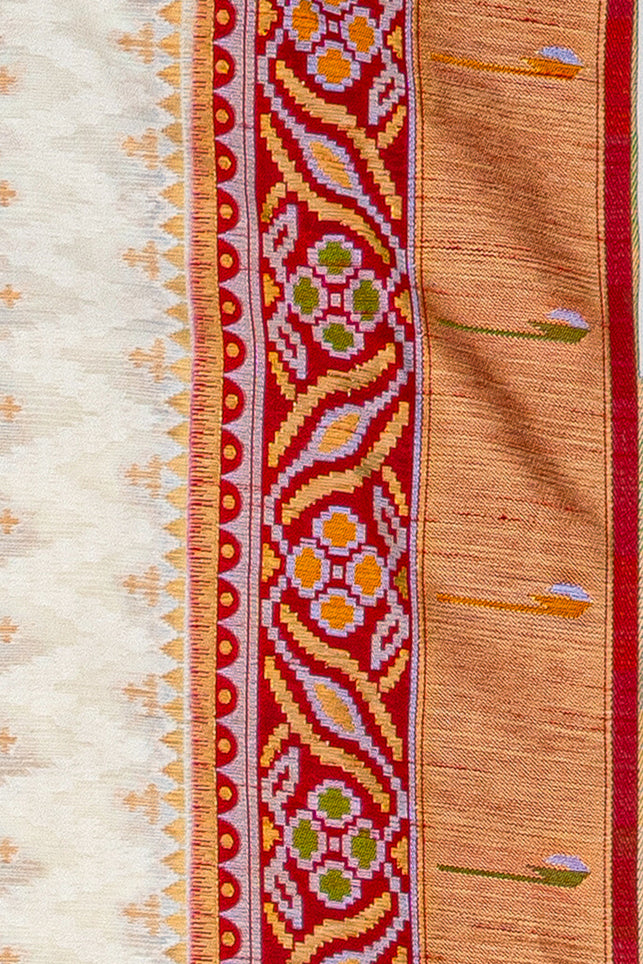 White Tussar Silk Patola Saree with contrast Red border