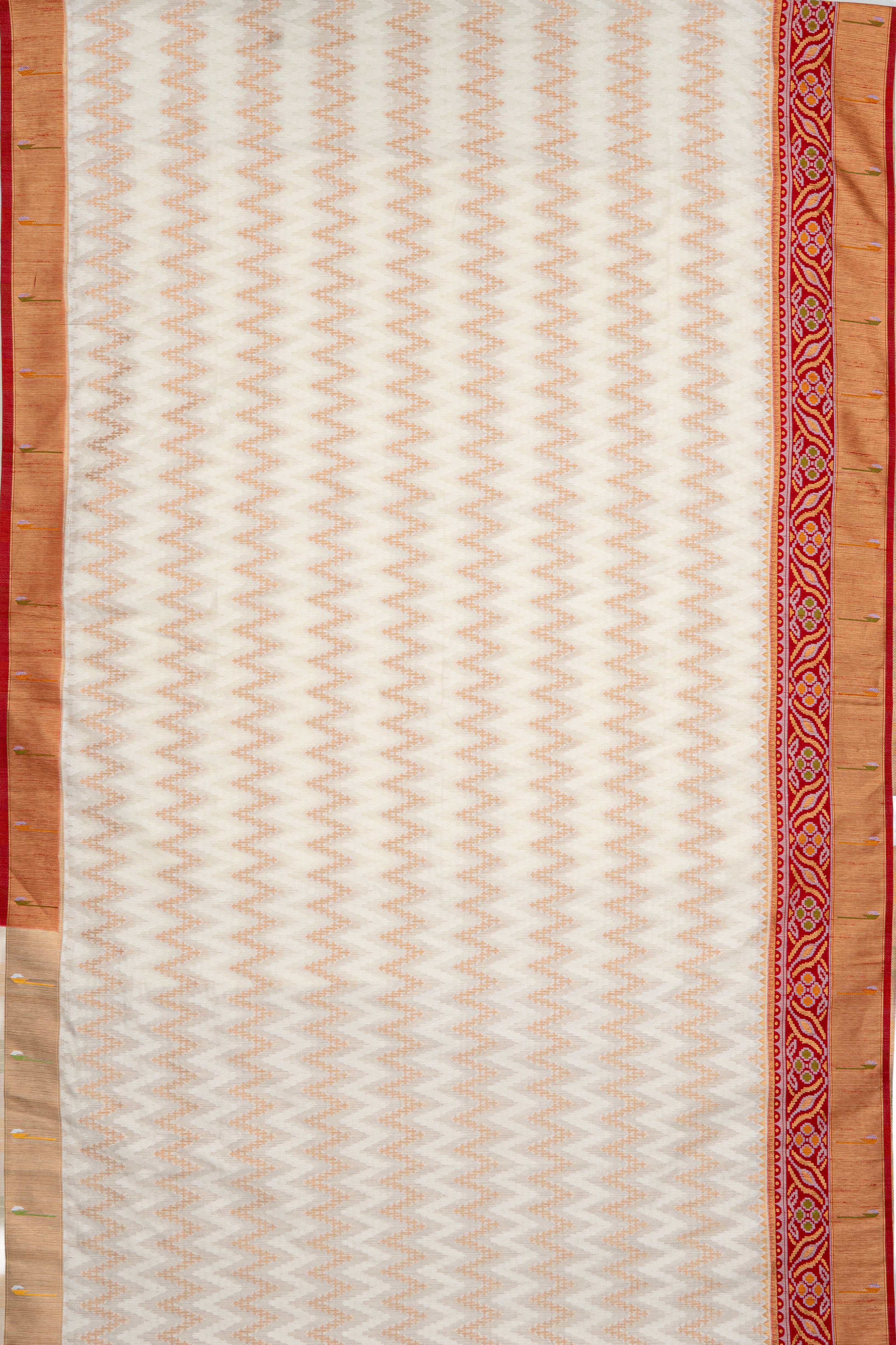 White Tussar Silk Patola Saree with contrast Red border