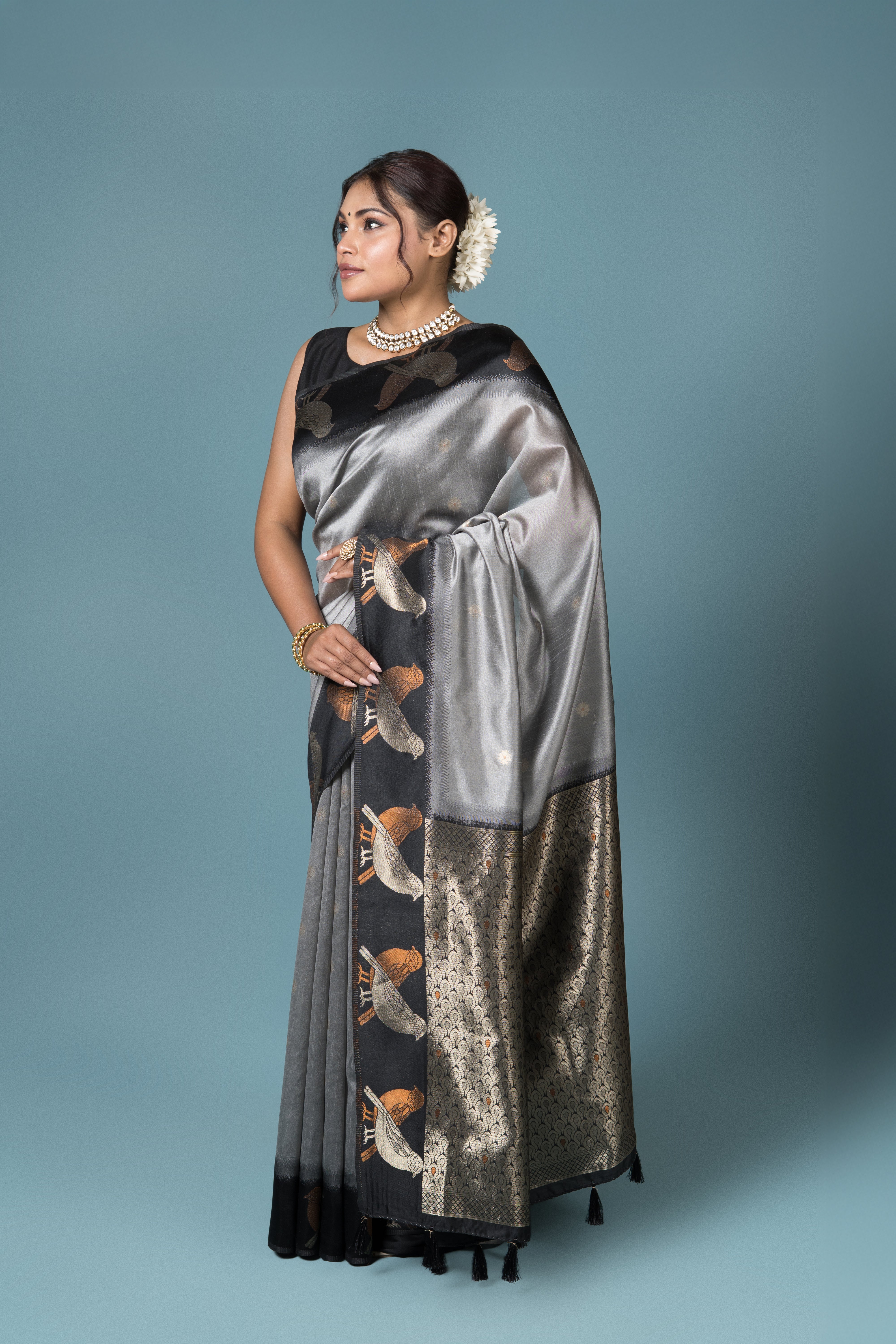 Grey Tussar Silk Saree