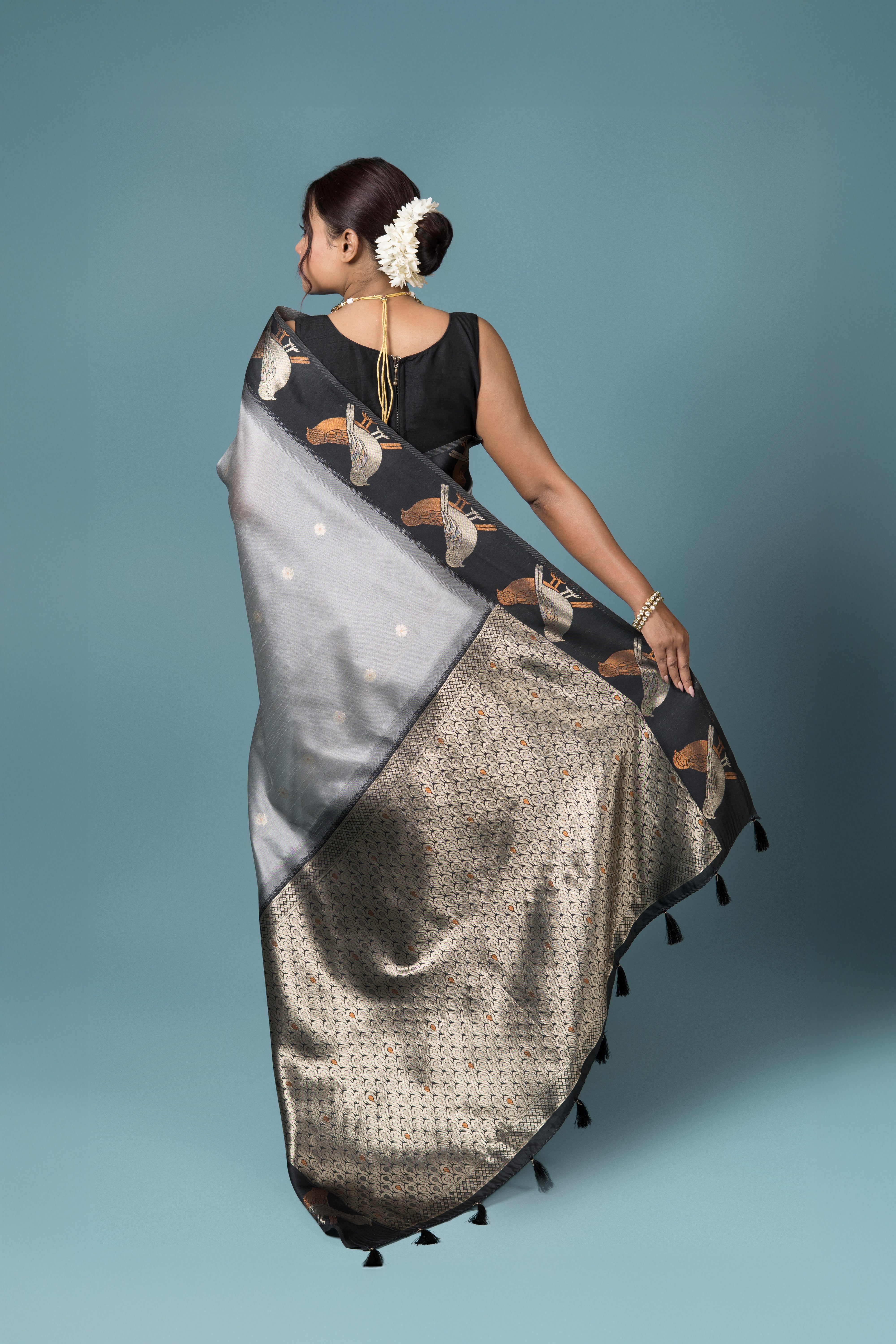 Grey Tussar Silk Saree