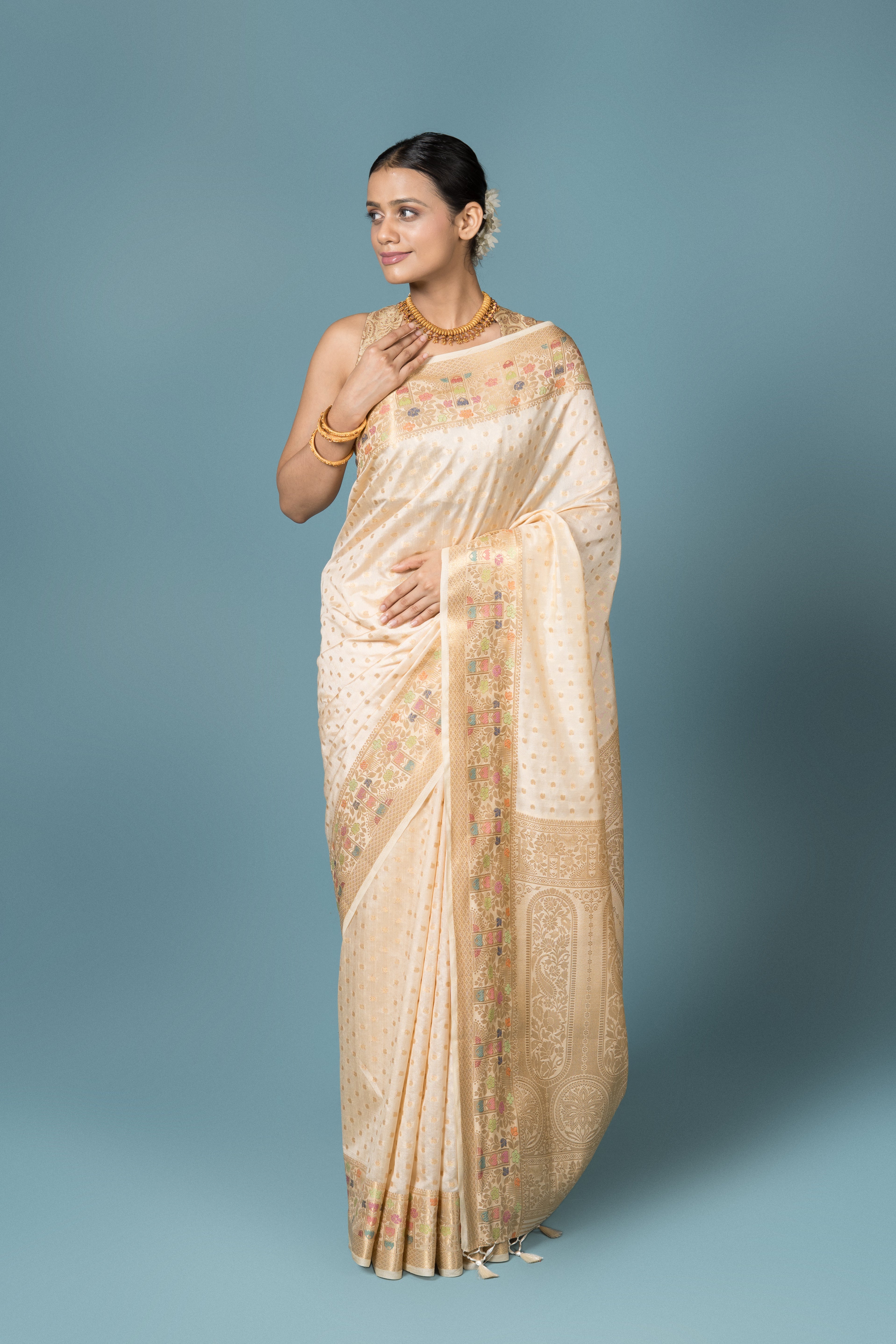 Cream Tussar Silk Saree