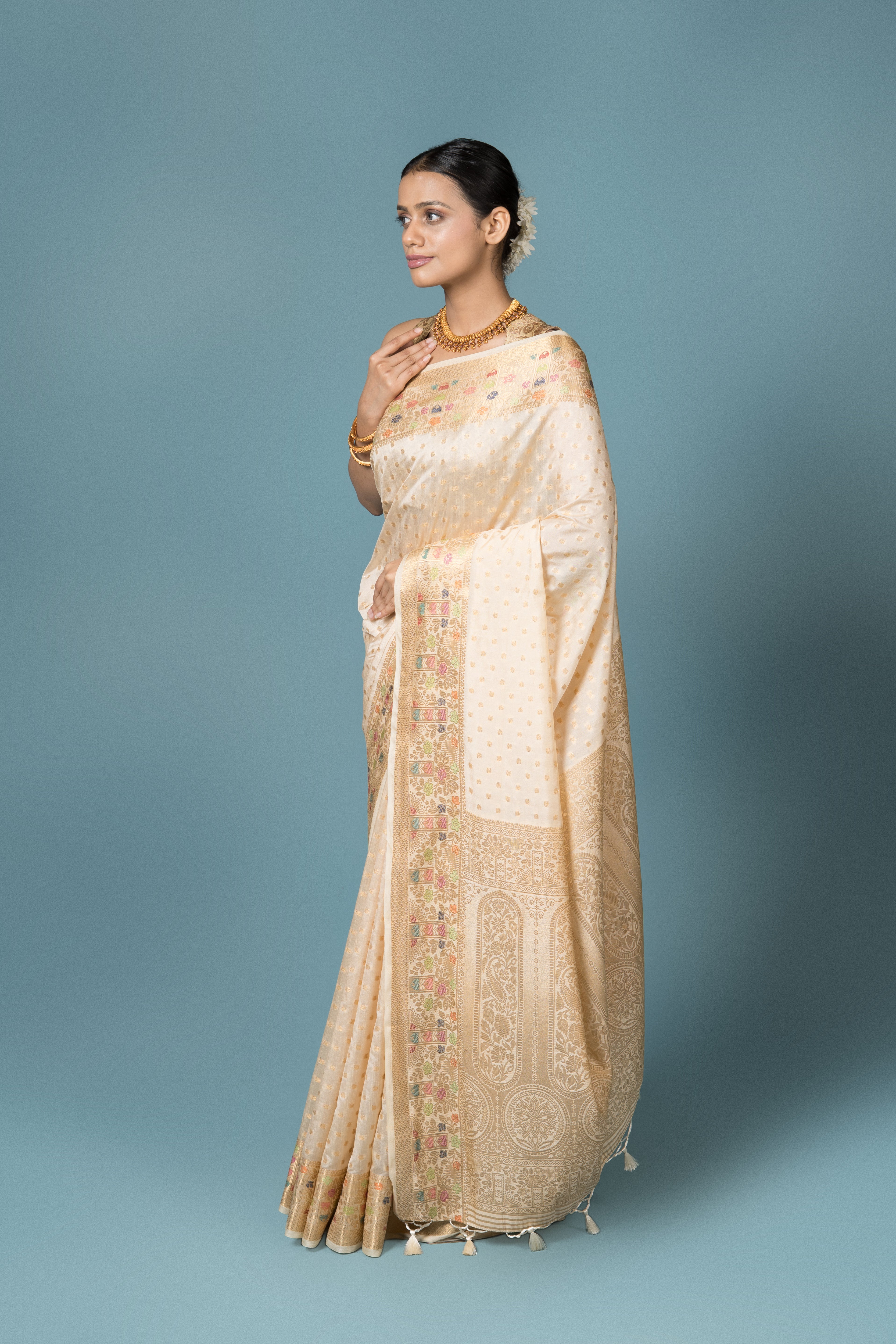 Cream Tussar Silk Saree