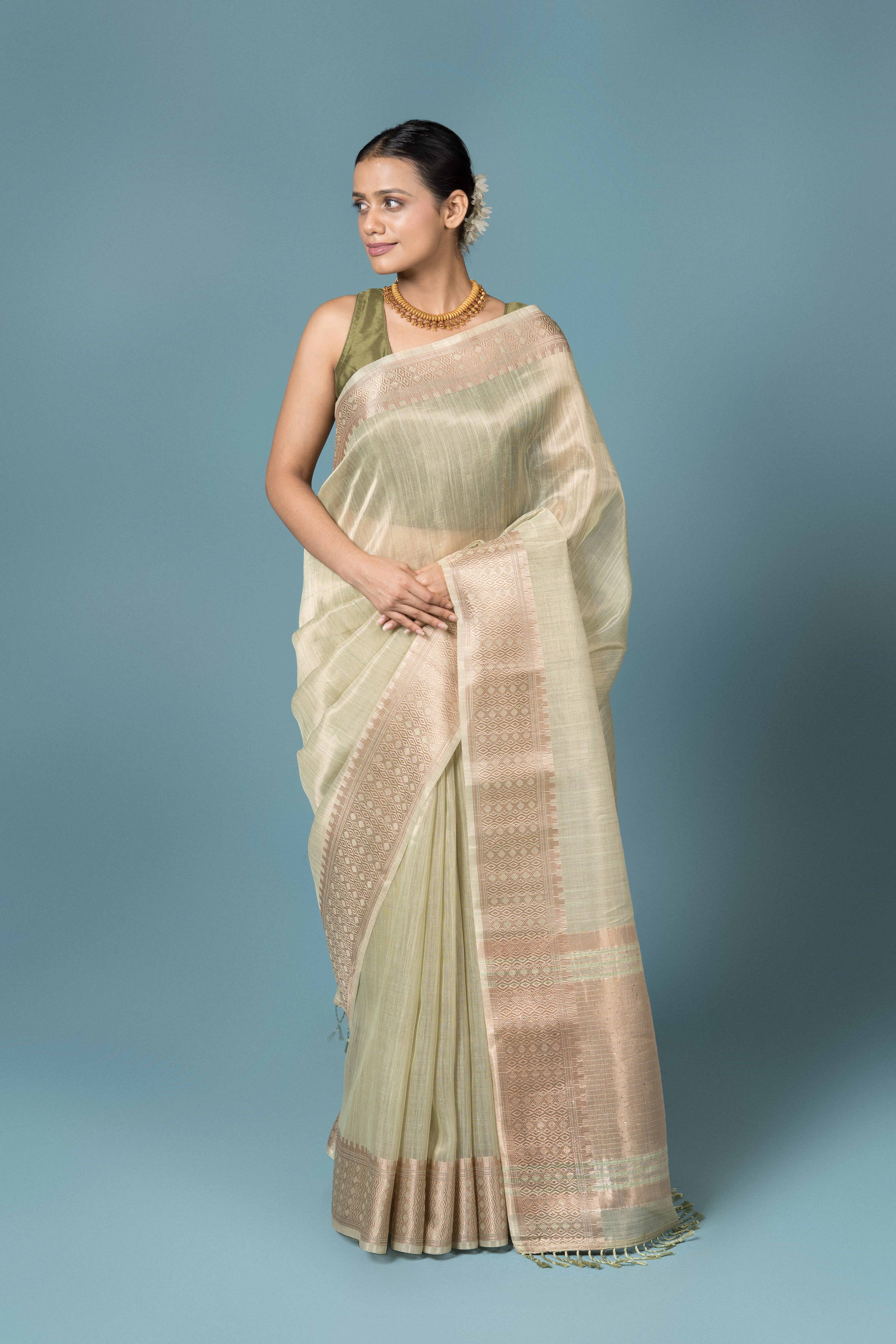 Pista Green Tussar Silk Saree