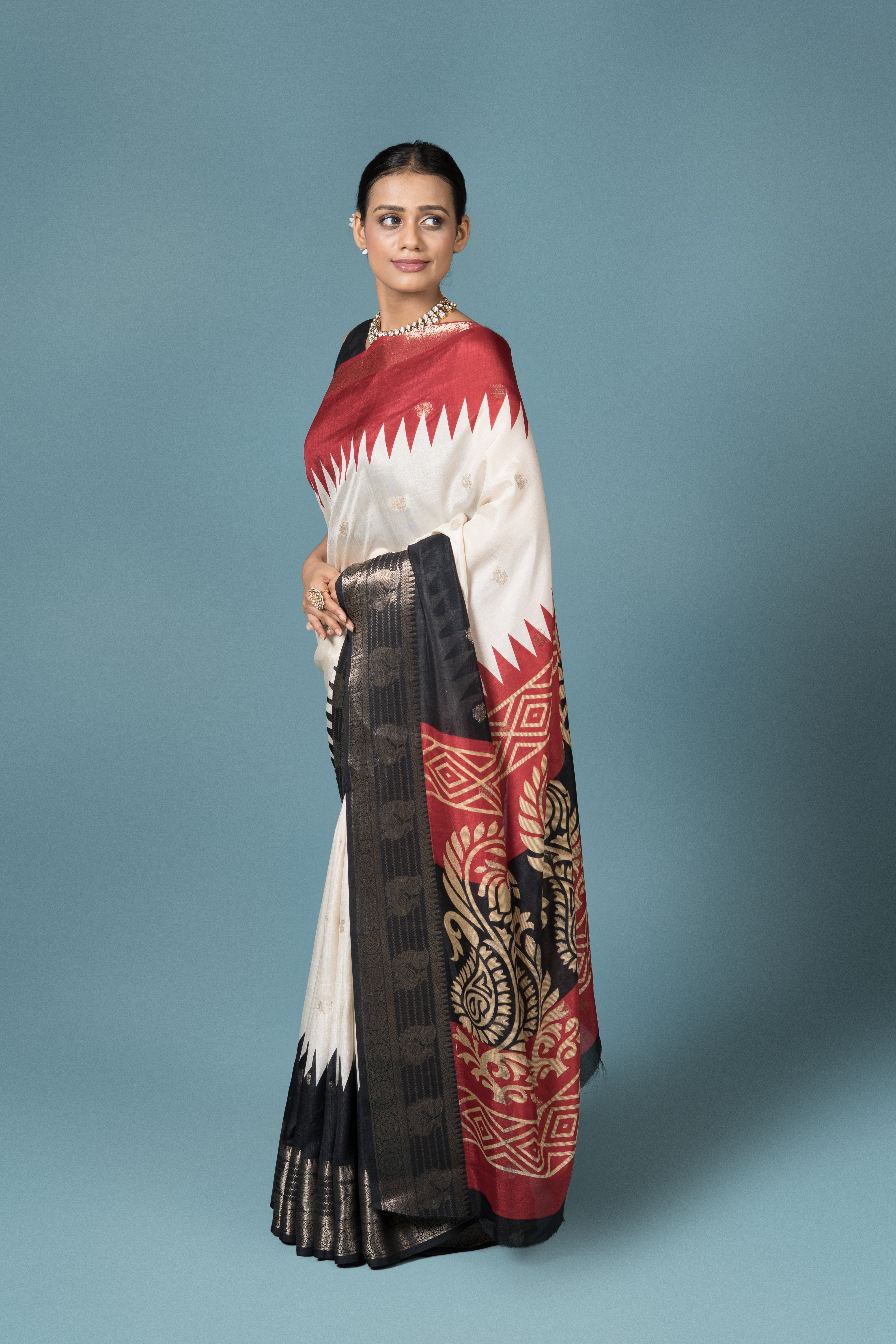 Cream Tussar Silk Saree