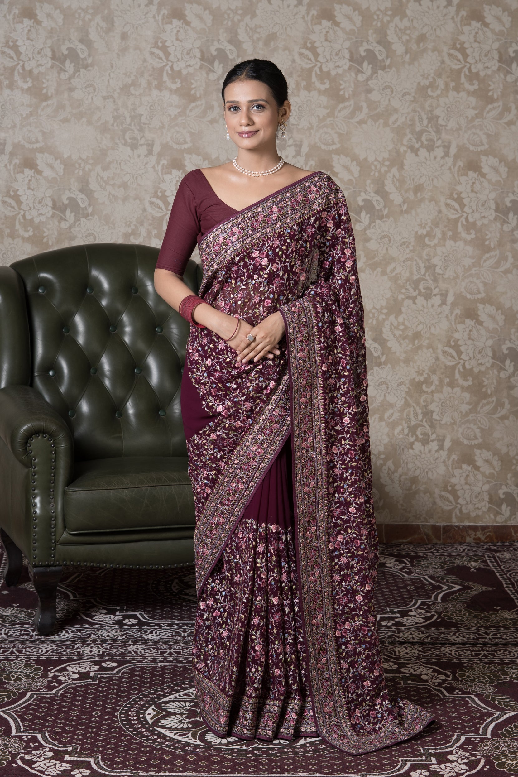 Wine Georgette Pashmina Saree