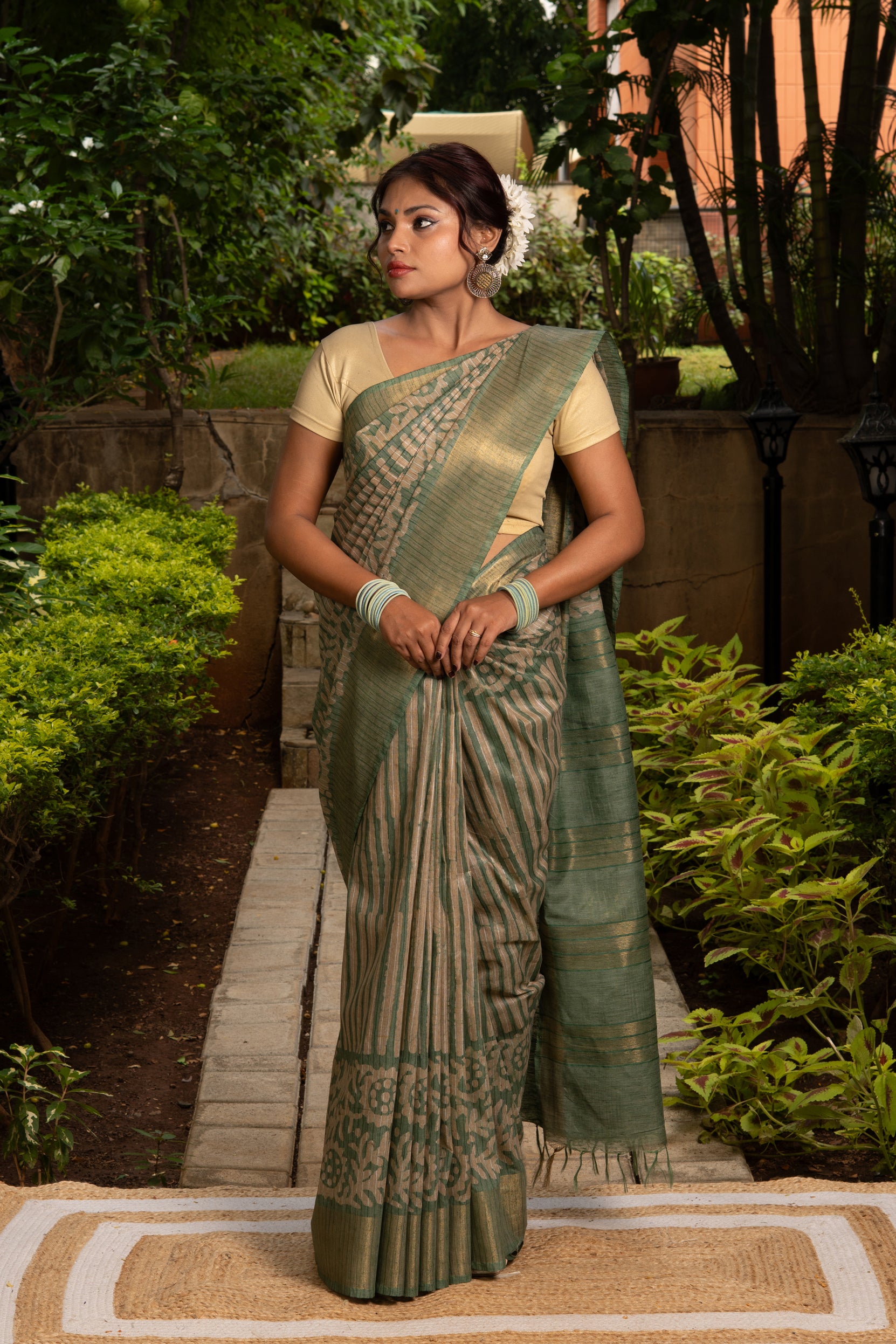 Green Tussar Silk Saree With Batik Print