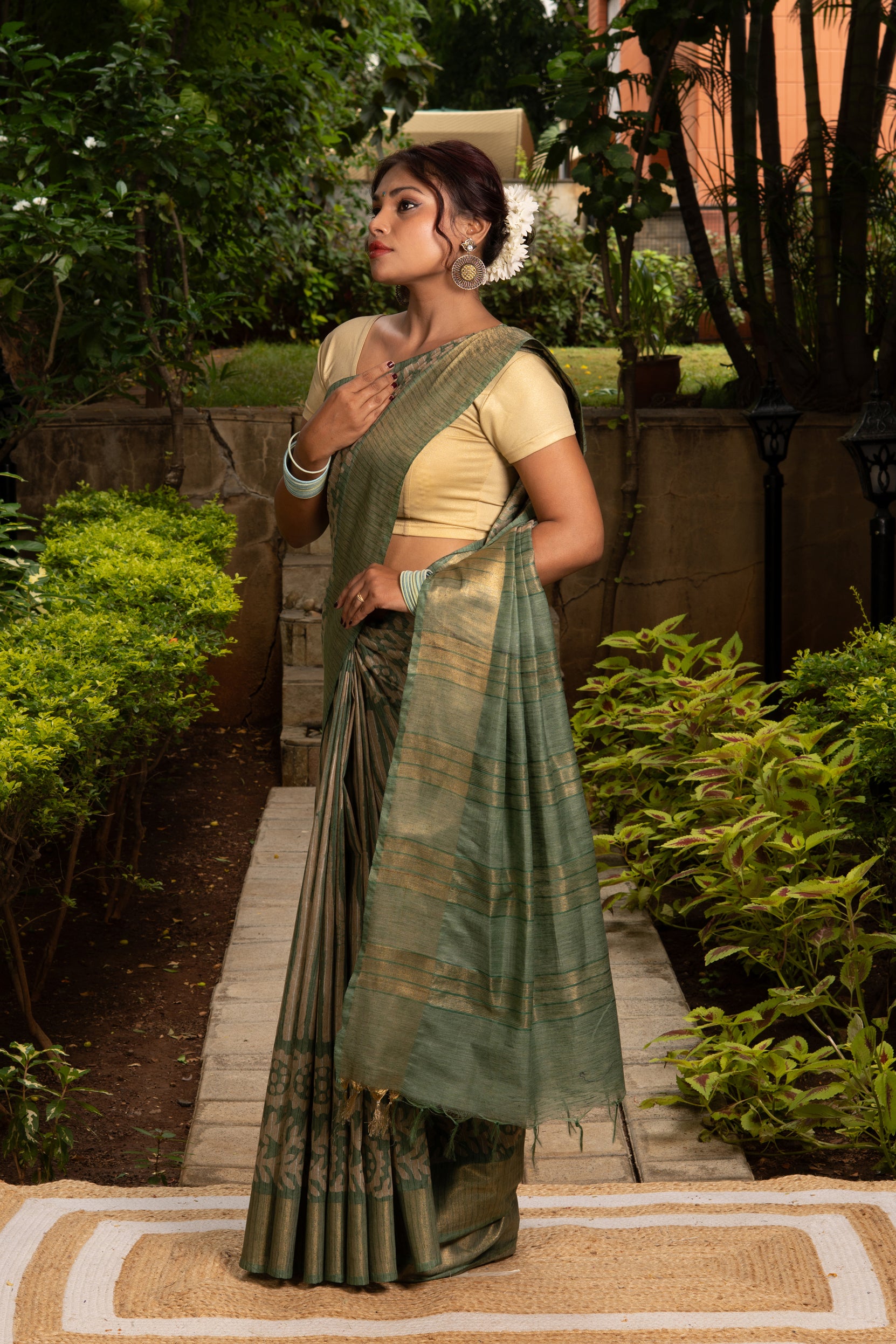 Green Tussar Silk Saree With Batik Print