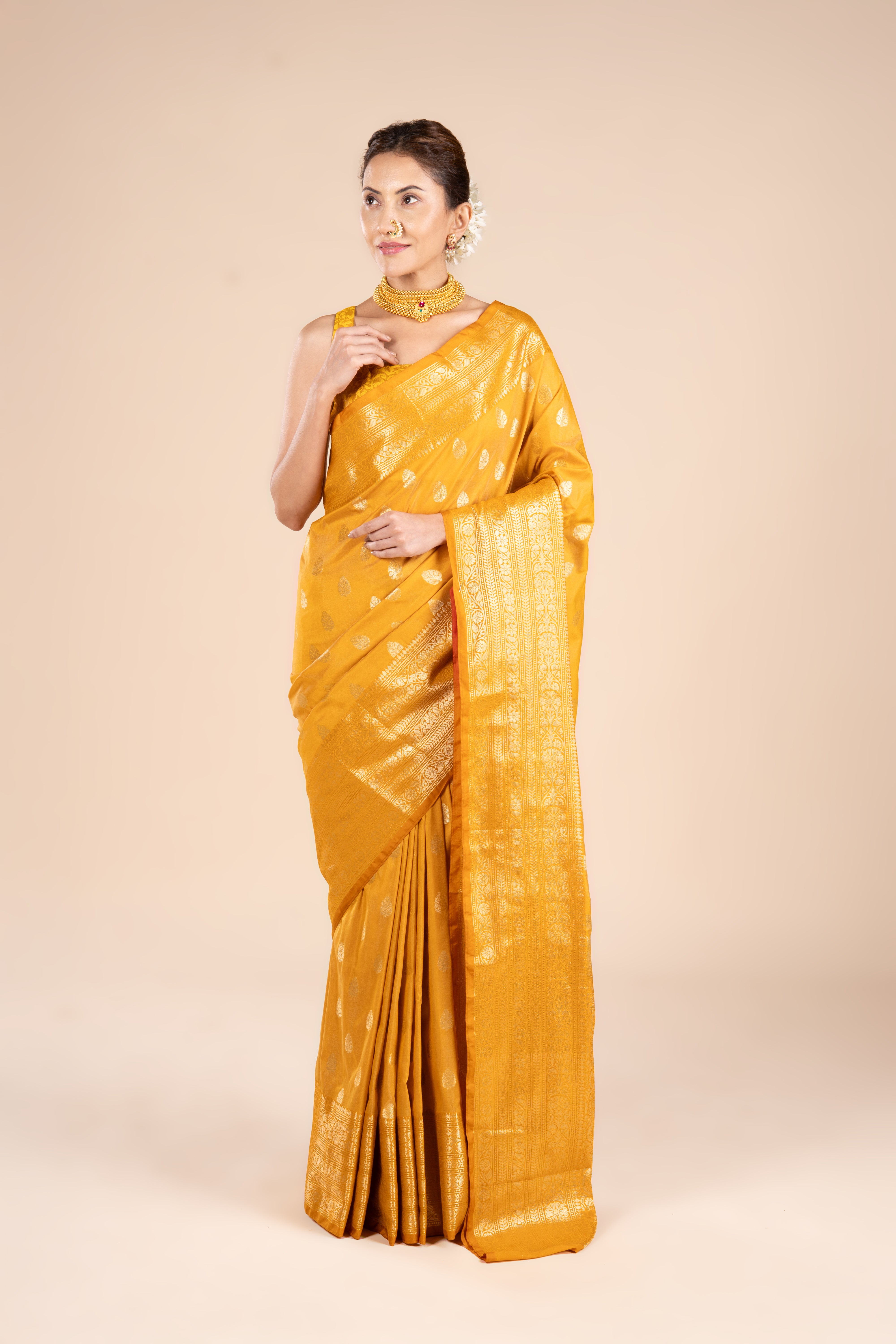 Mustard Yellow Kora Silk Banarasi Saree