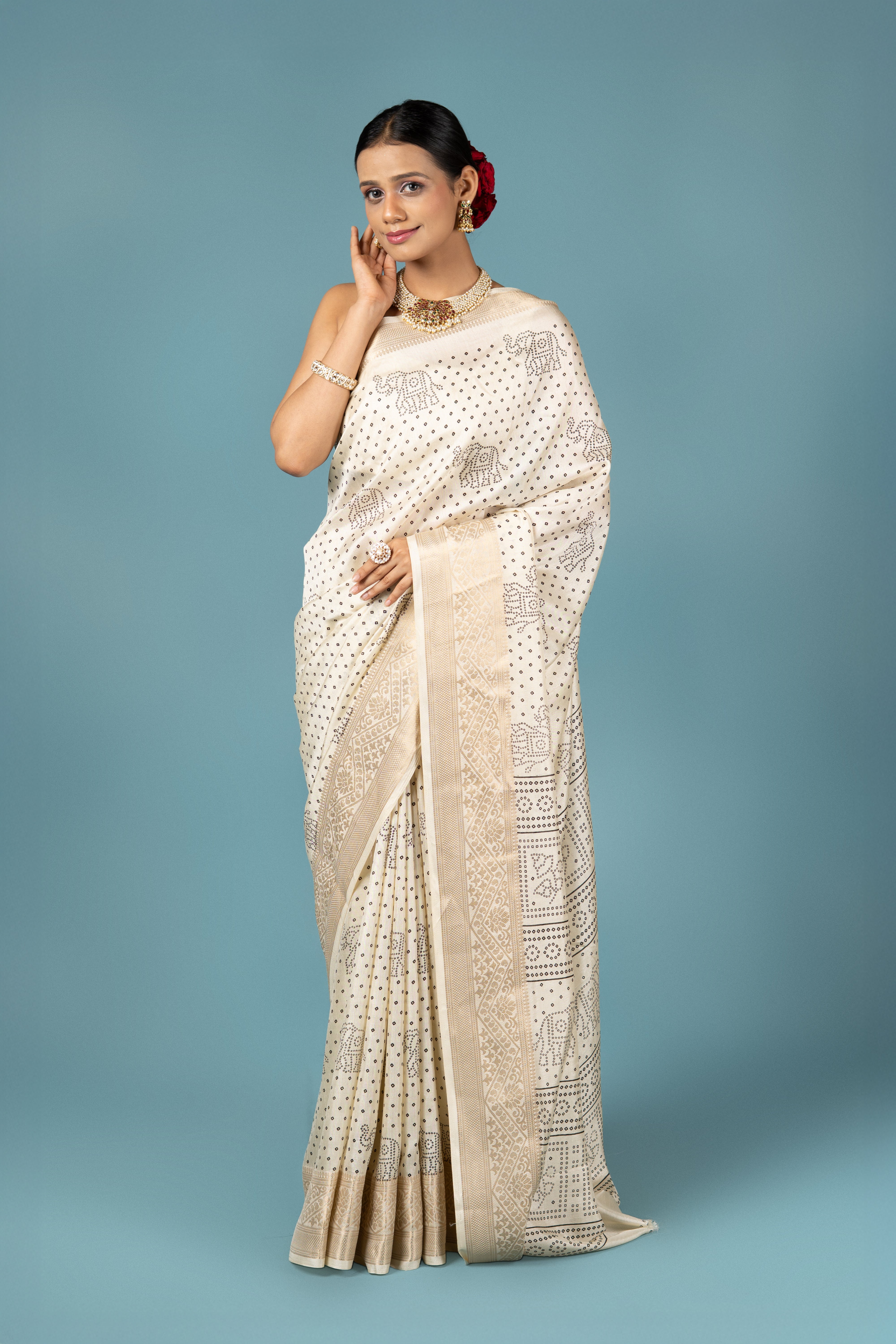 Cream Tussar Silk Saree