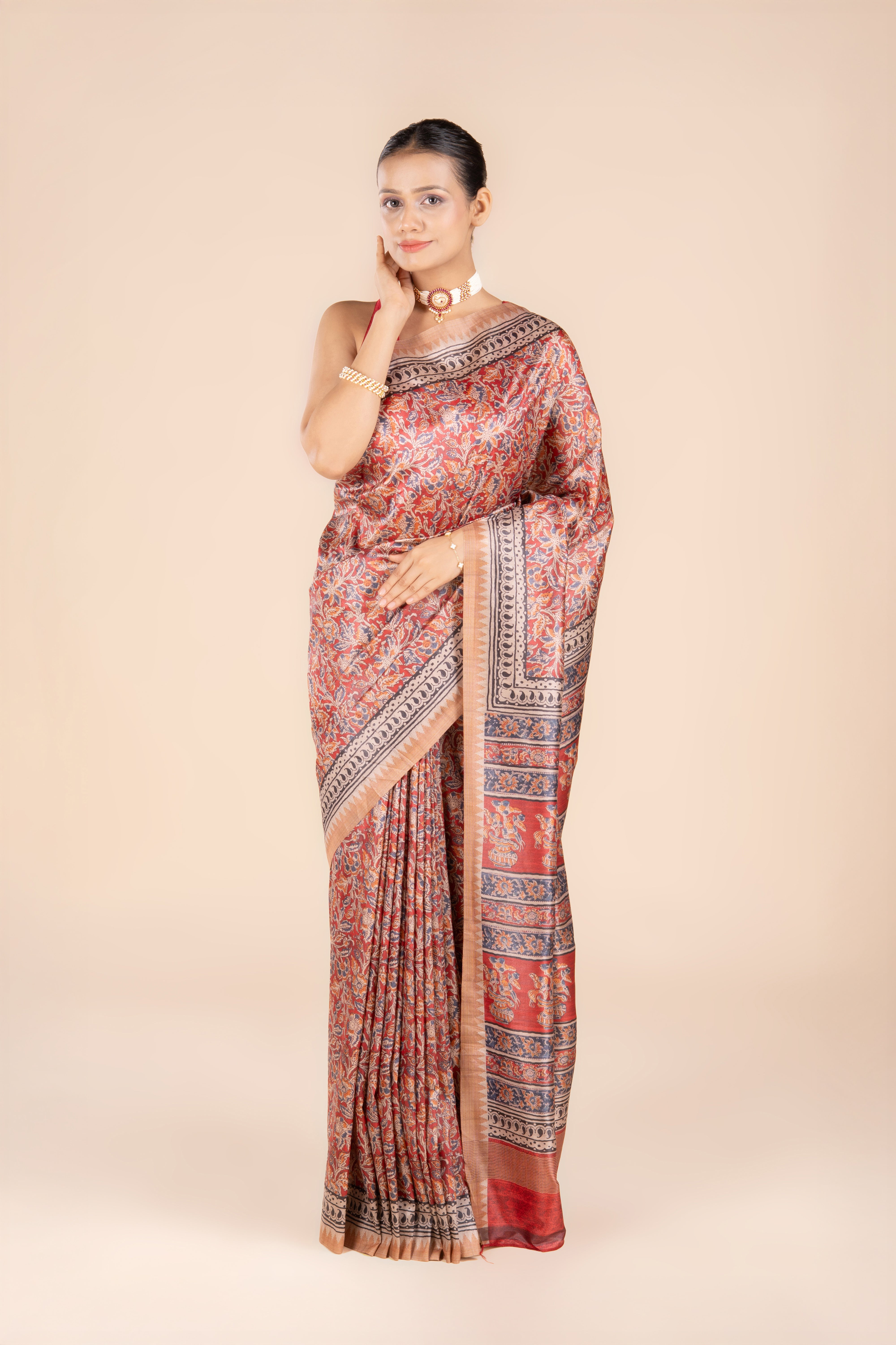 Red Dupion Silk Saree with Floral Print