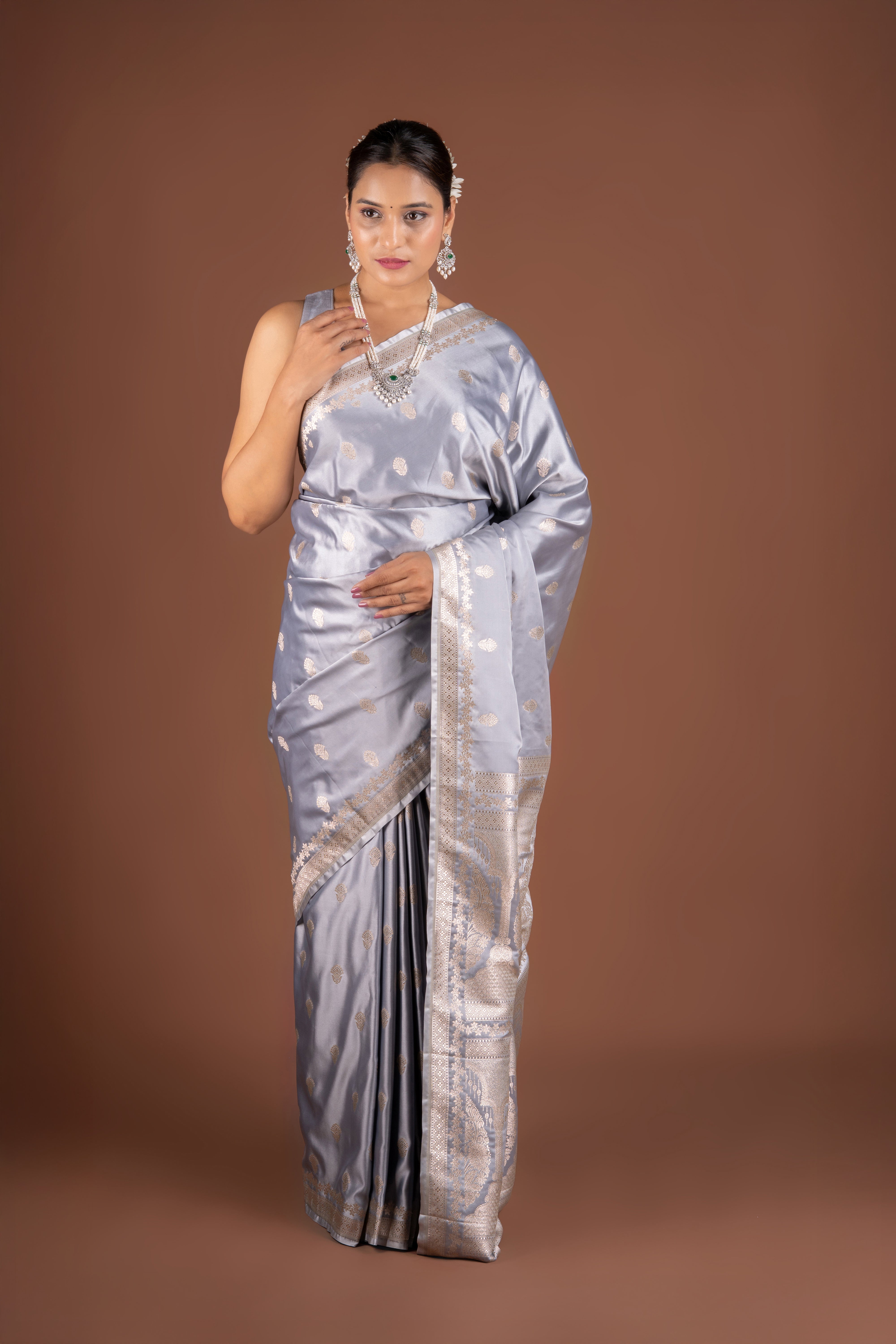Grey Soft Silk Banarasi Saree