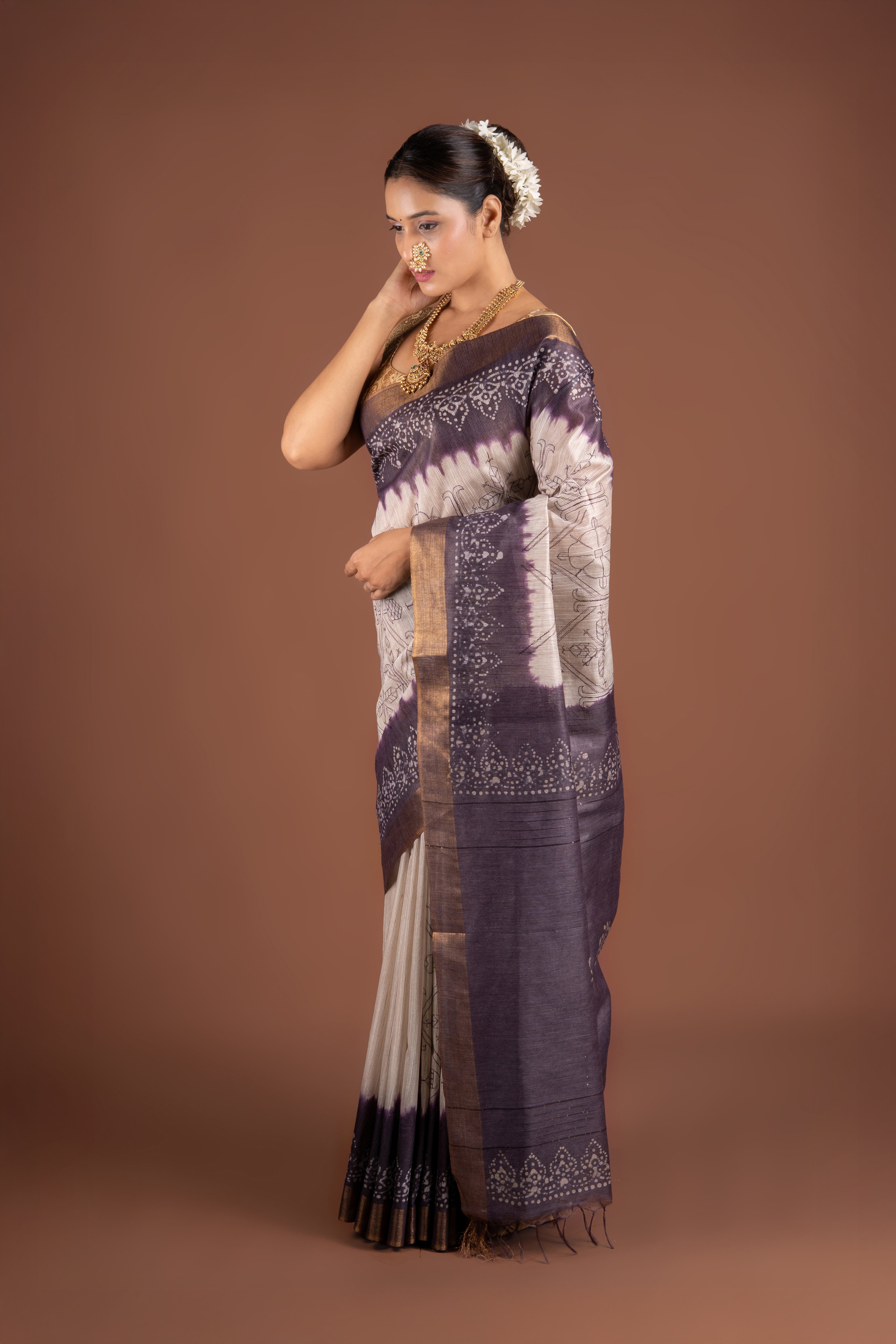 Cream and Purple Khadi Silk Saree with Batik Print