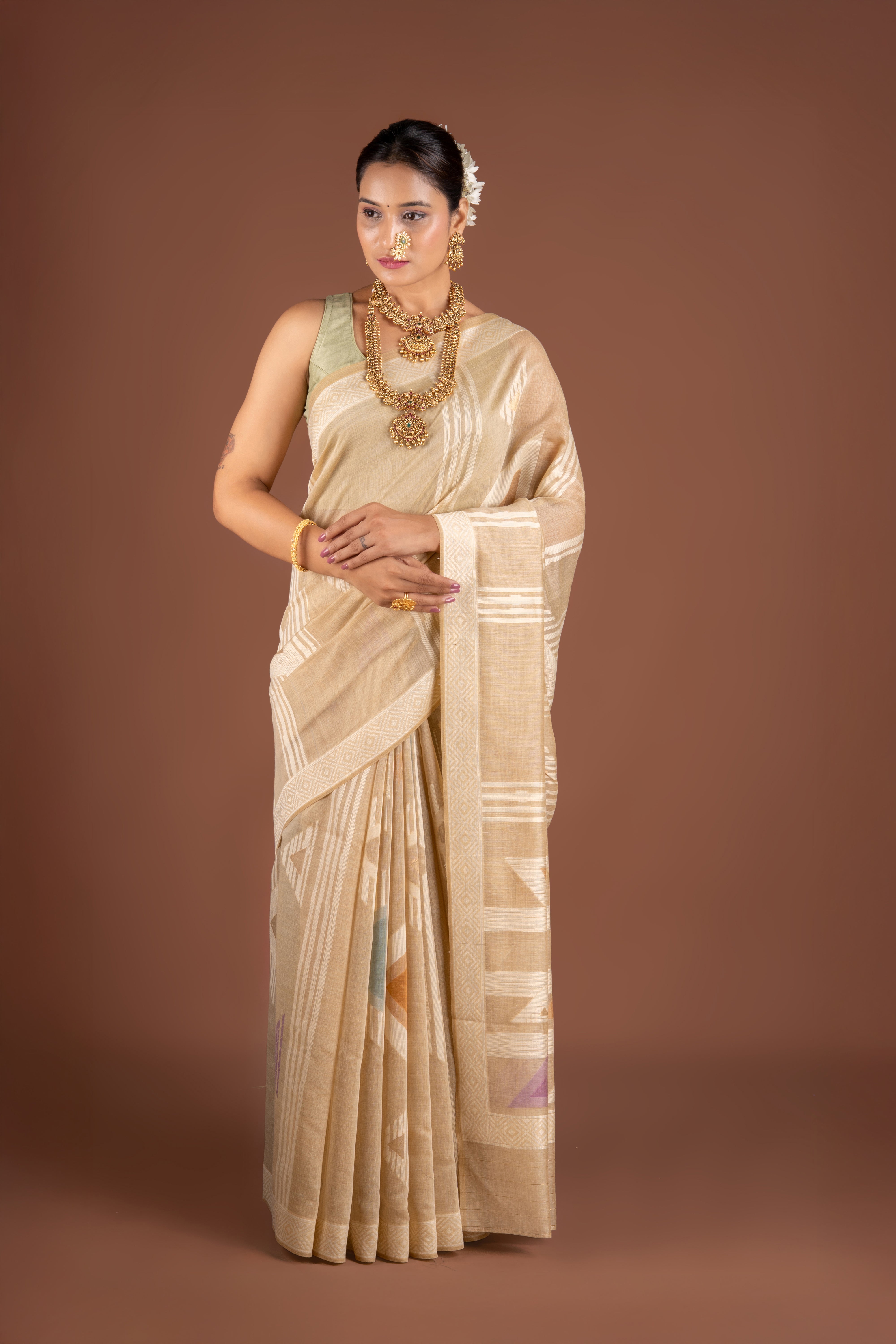 Earthy Beige Cotton Saree with Geometric pattern