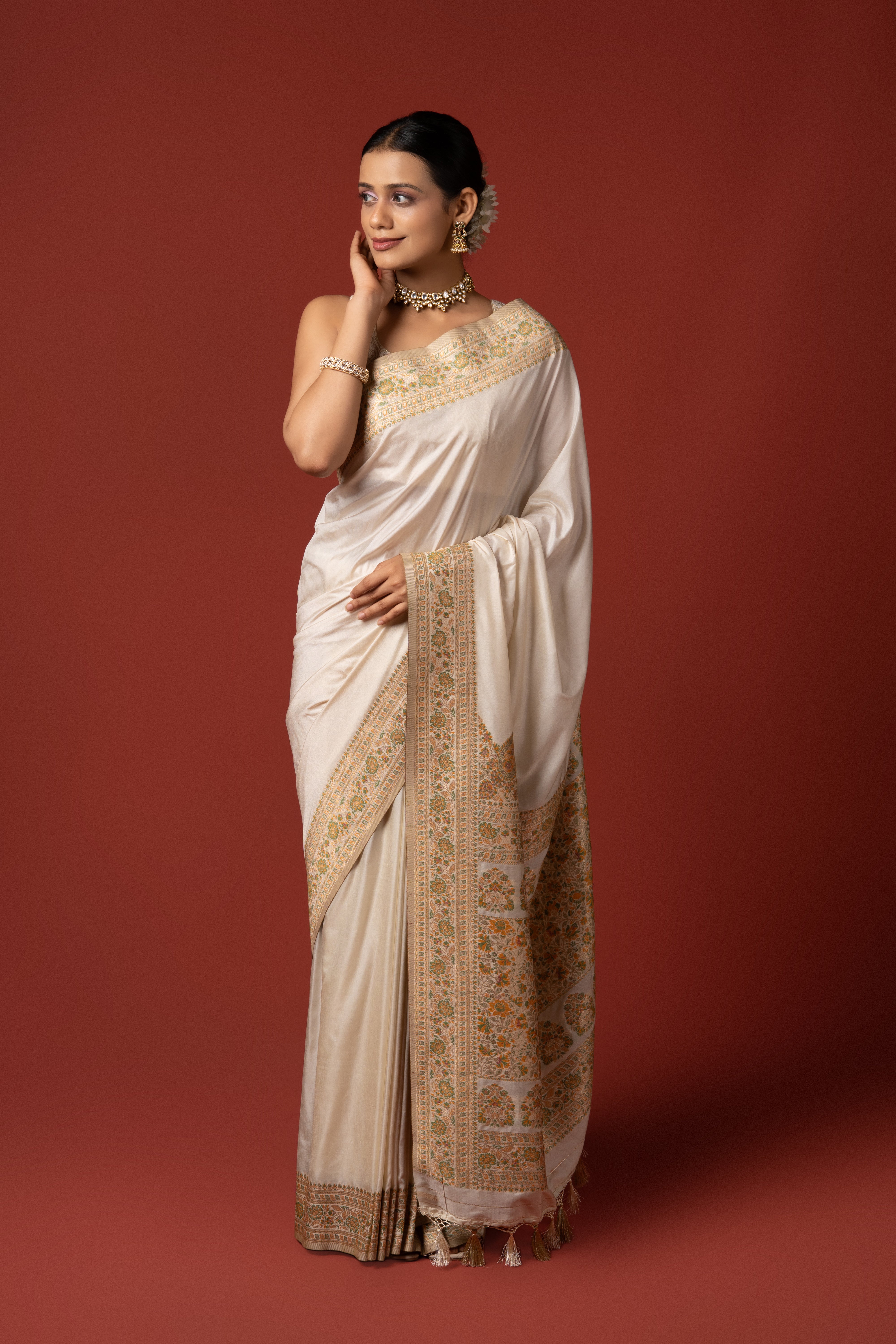Cream Dola Silk Pashmina Saree