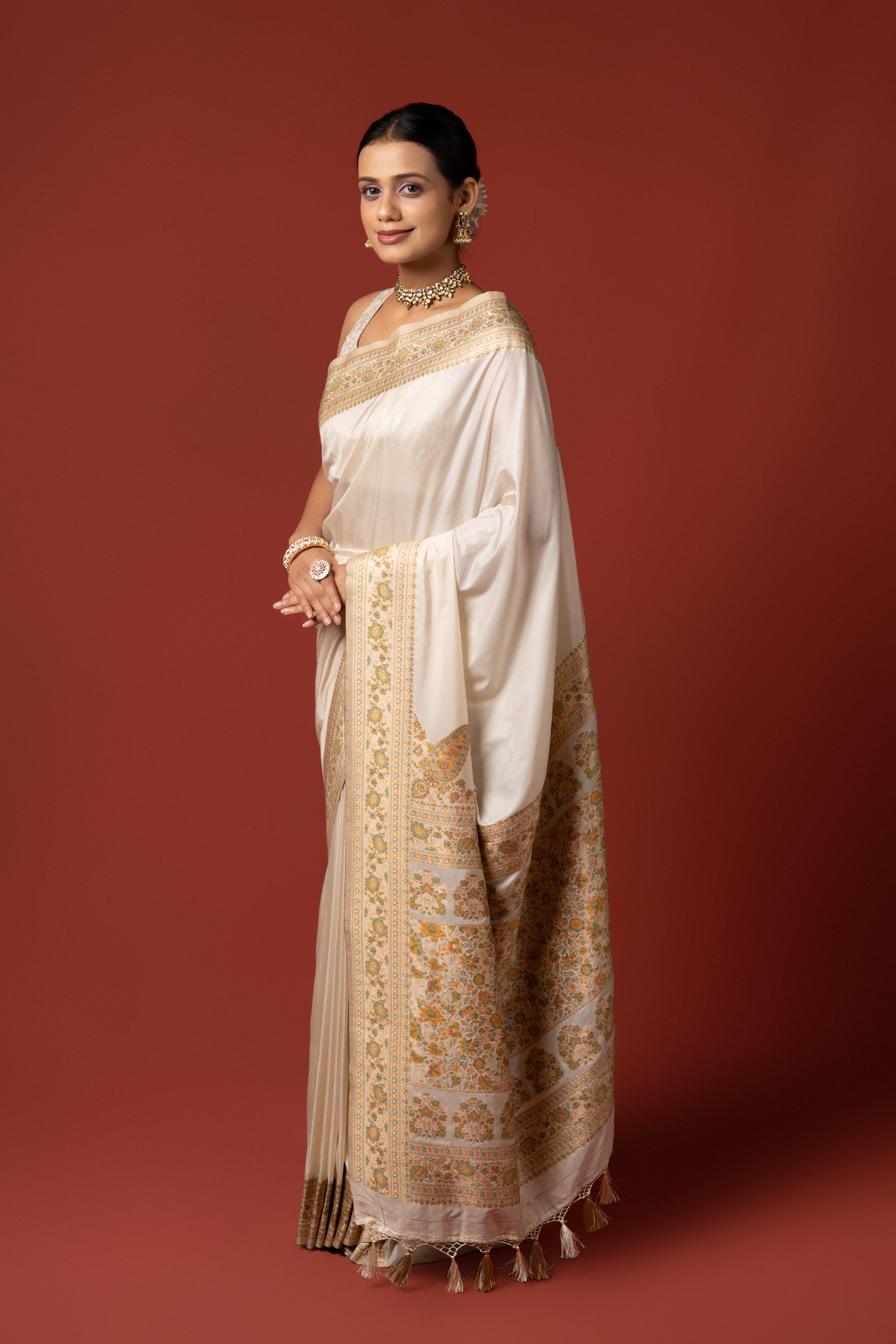 Cream Dola Silk Pashmina Saree