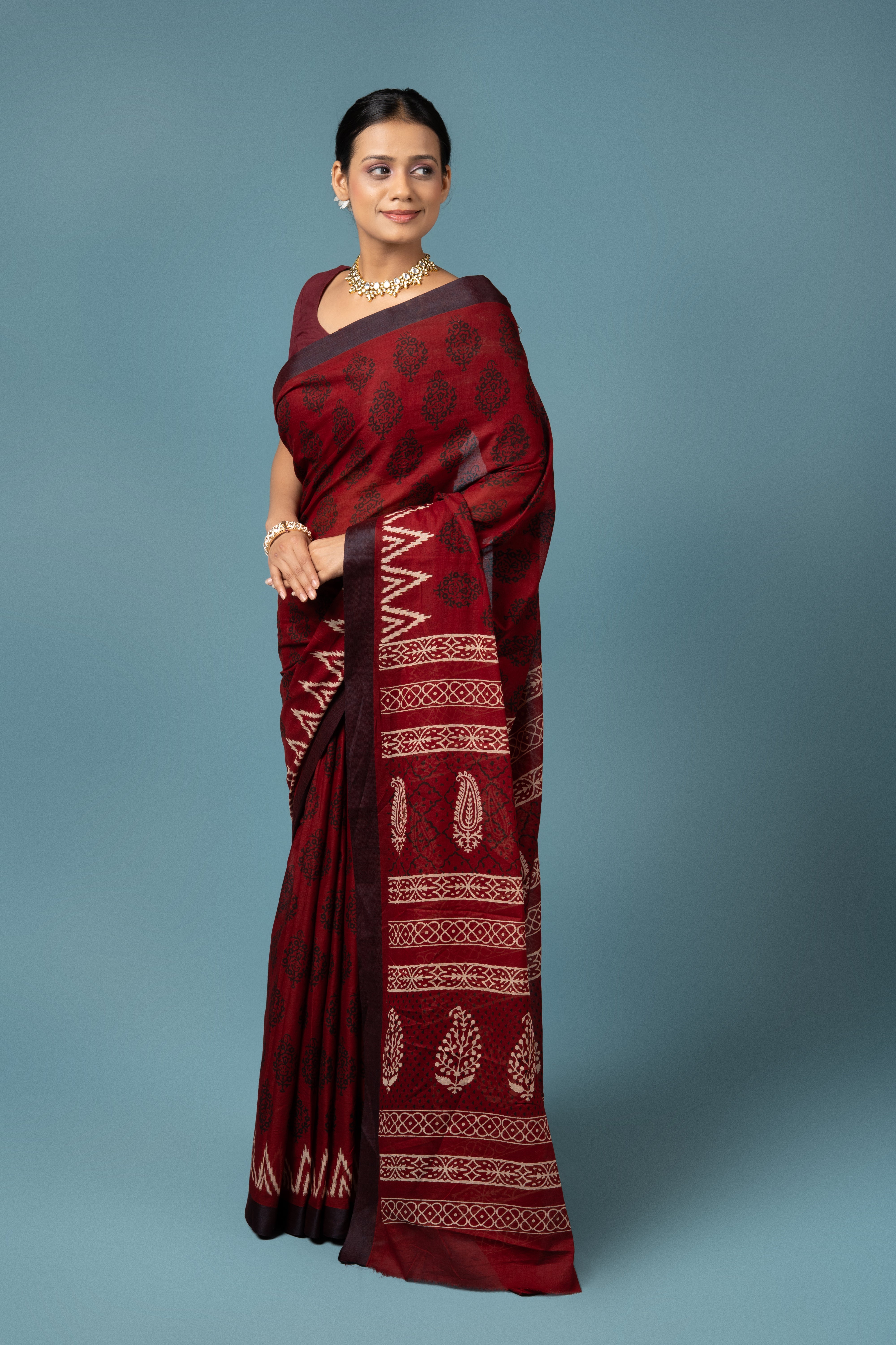 Red Cotton Saree with Batik Print