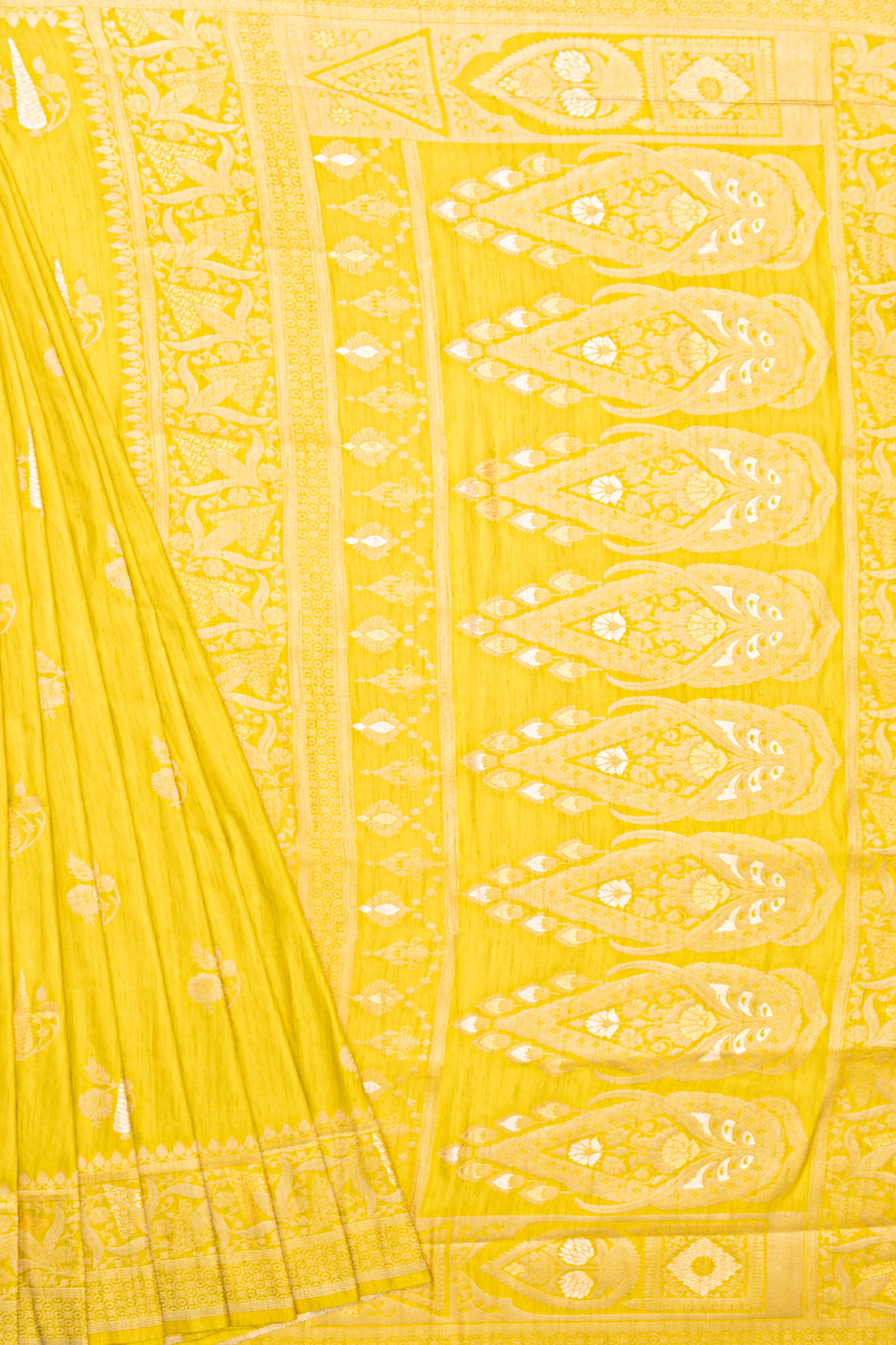 Mustard Yellow Jute Silk Saree with Gold and Copper Zariwork