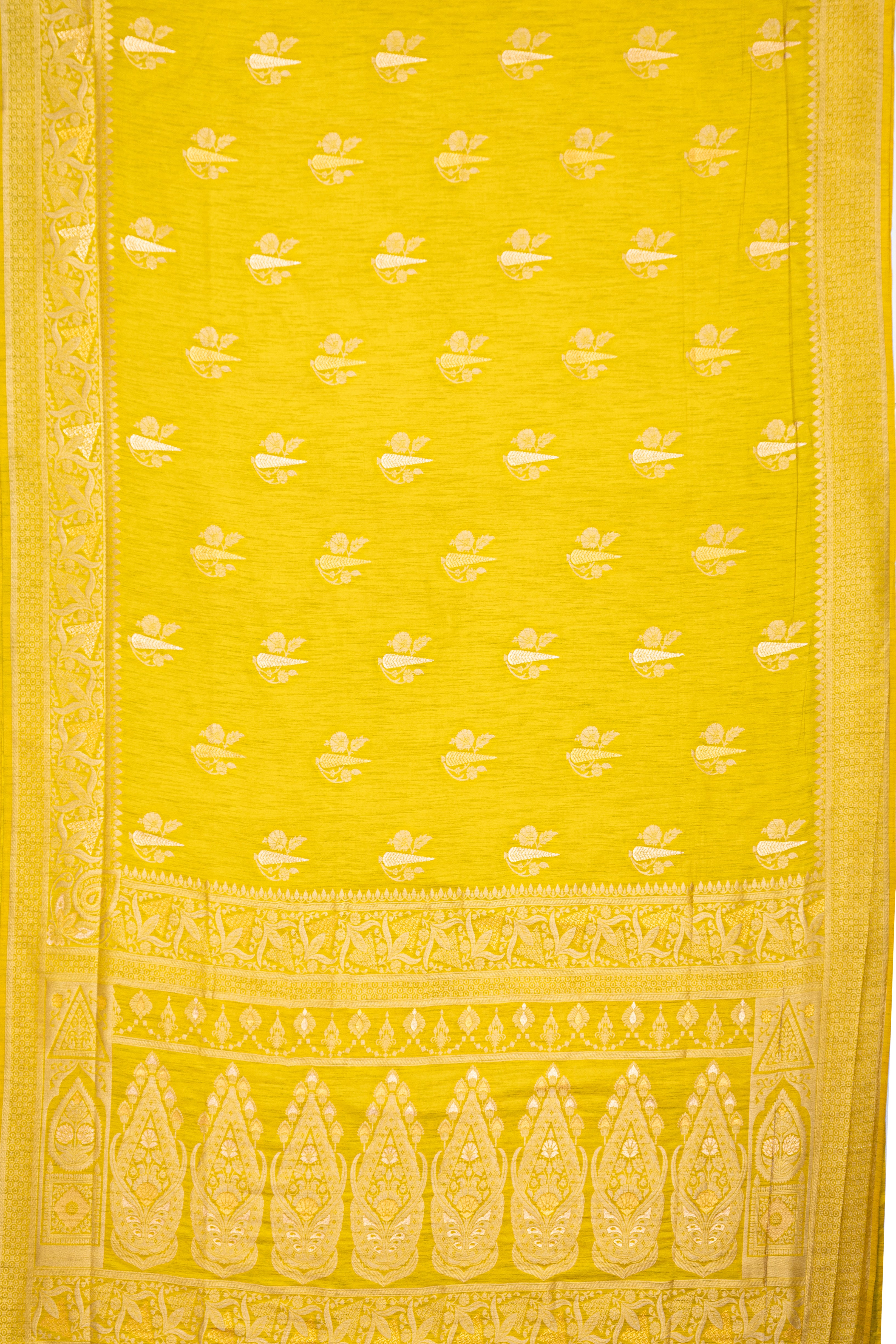 Mustard Yellow Jute Silk Saree with Gold and Copper Zariwork