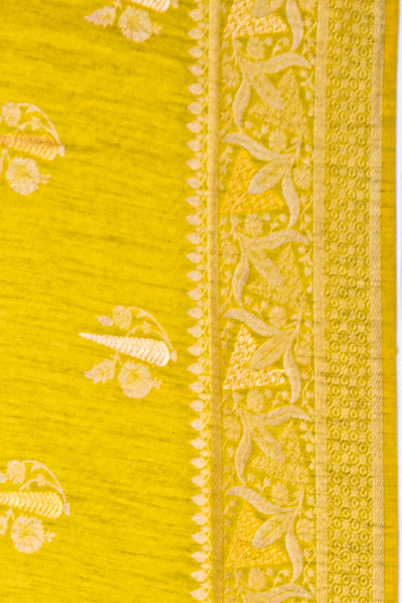 Mustard Yellow Jute Silk Saree with Gold and Copper Zariwork