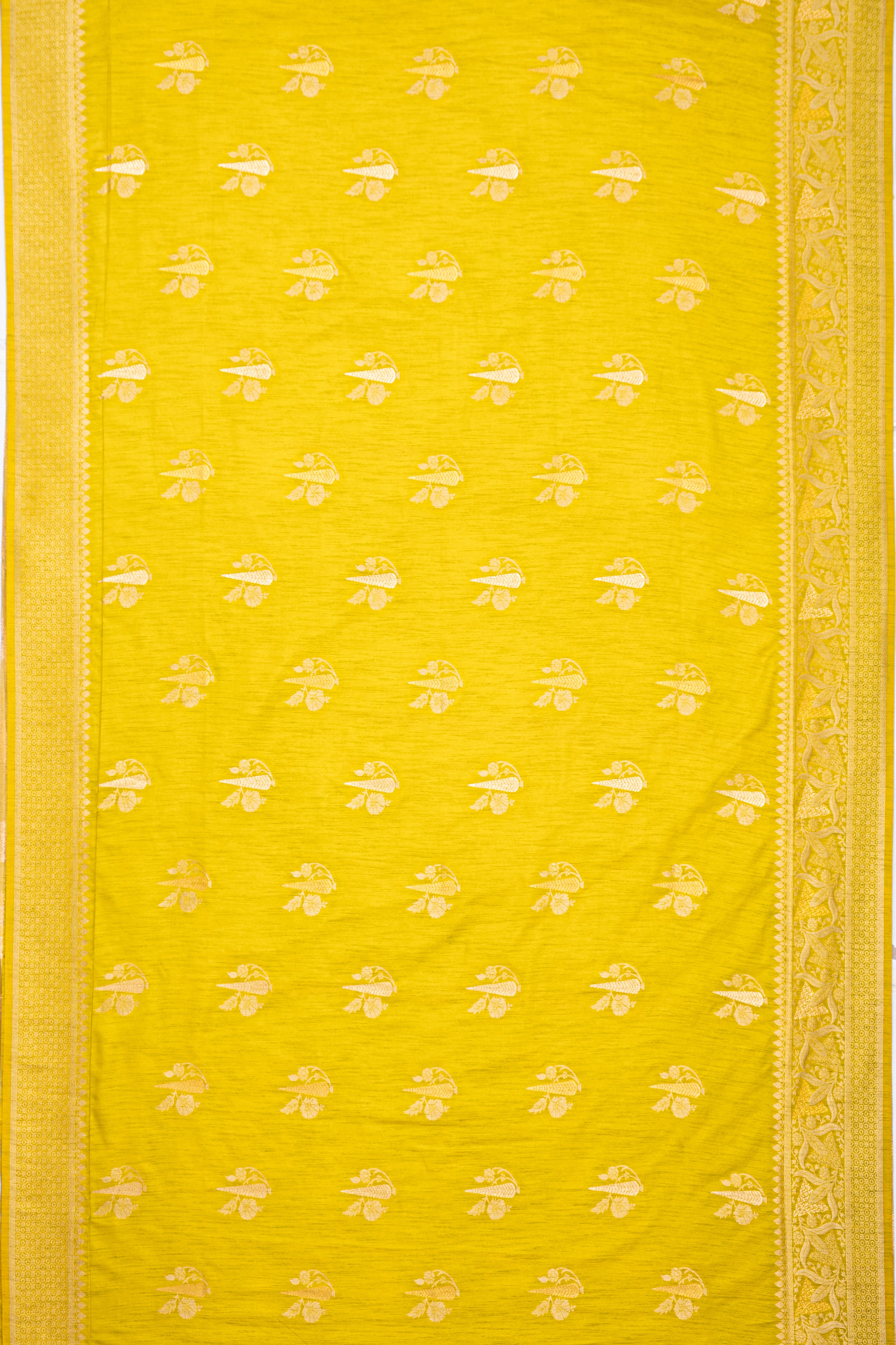 Mustard Yellow Jute Silk Saree with Gold and Copper Zariwork