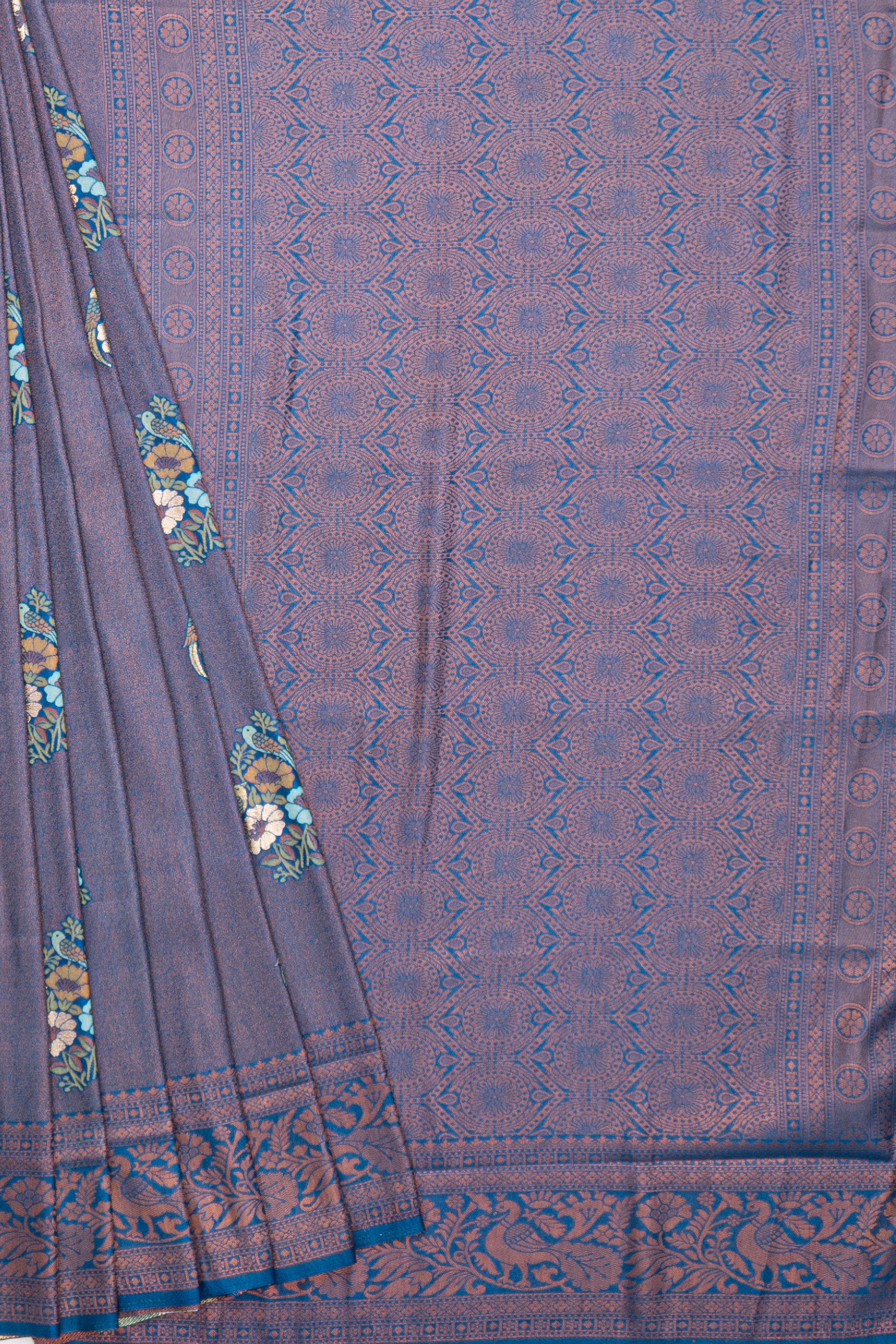 Midnight Blue Soft Silk Saree with Gold and Silver Zari Floral motifs