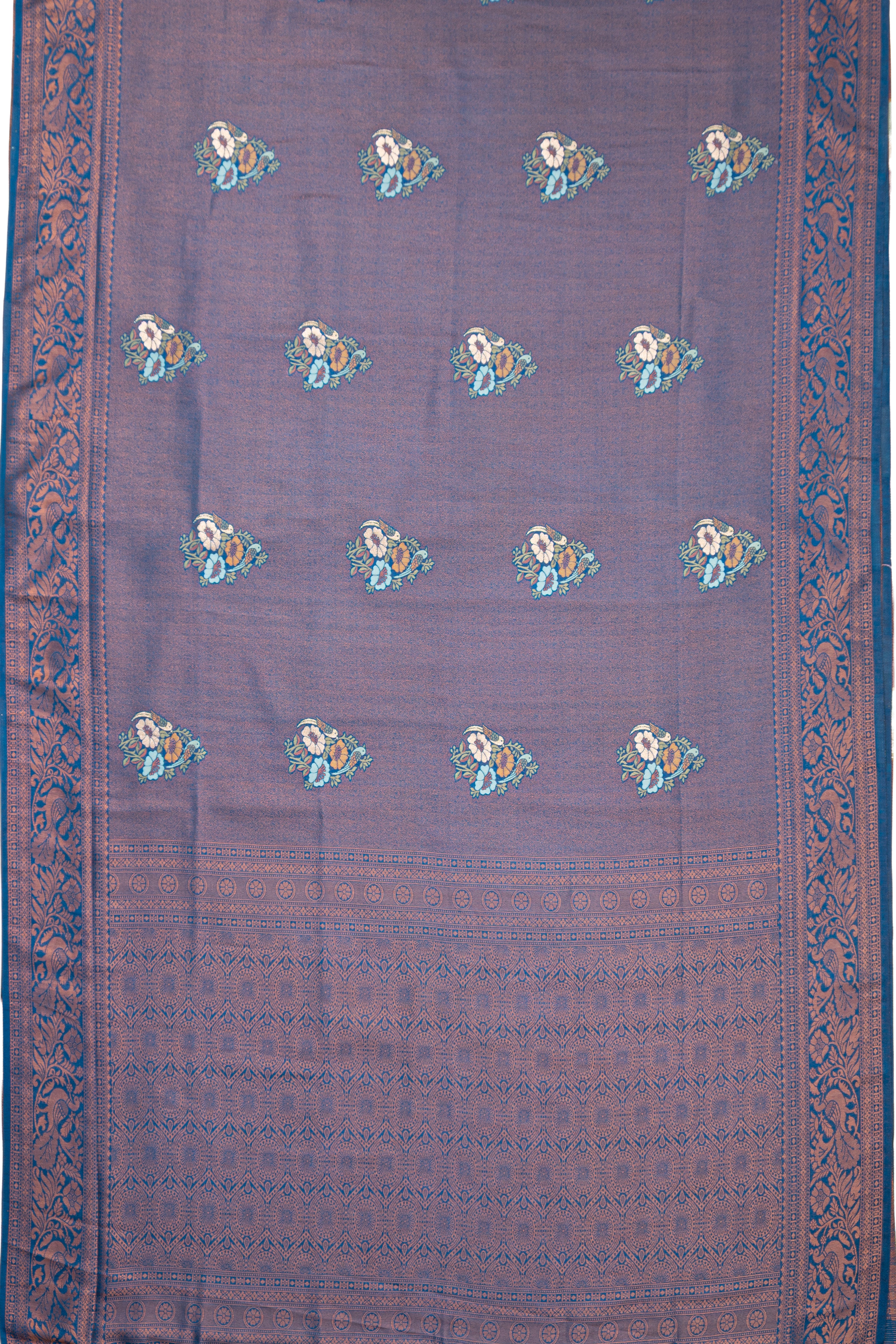 Midnight Blue Soft Silk Saree with Gold and Silver Zari Floral motifs