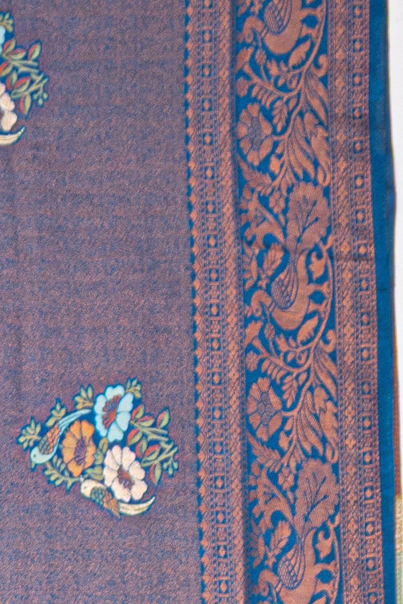 Midnight Blue Soft Silk Saree with Gold and Silver Zari Floral motifs