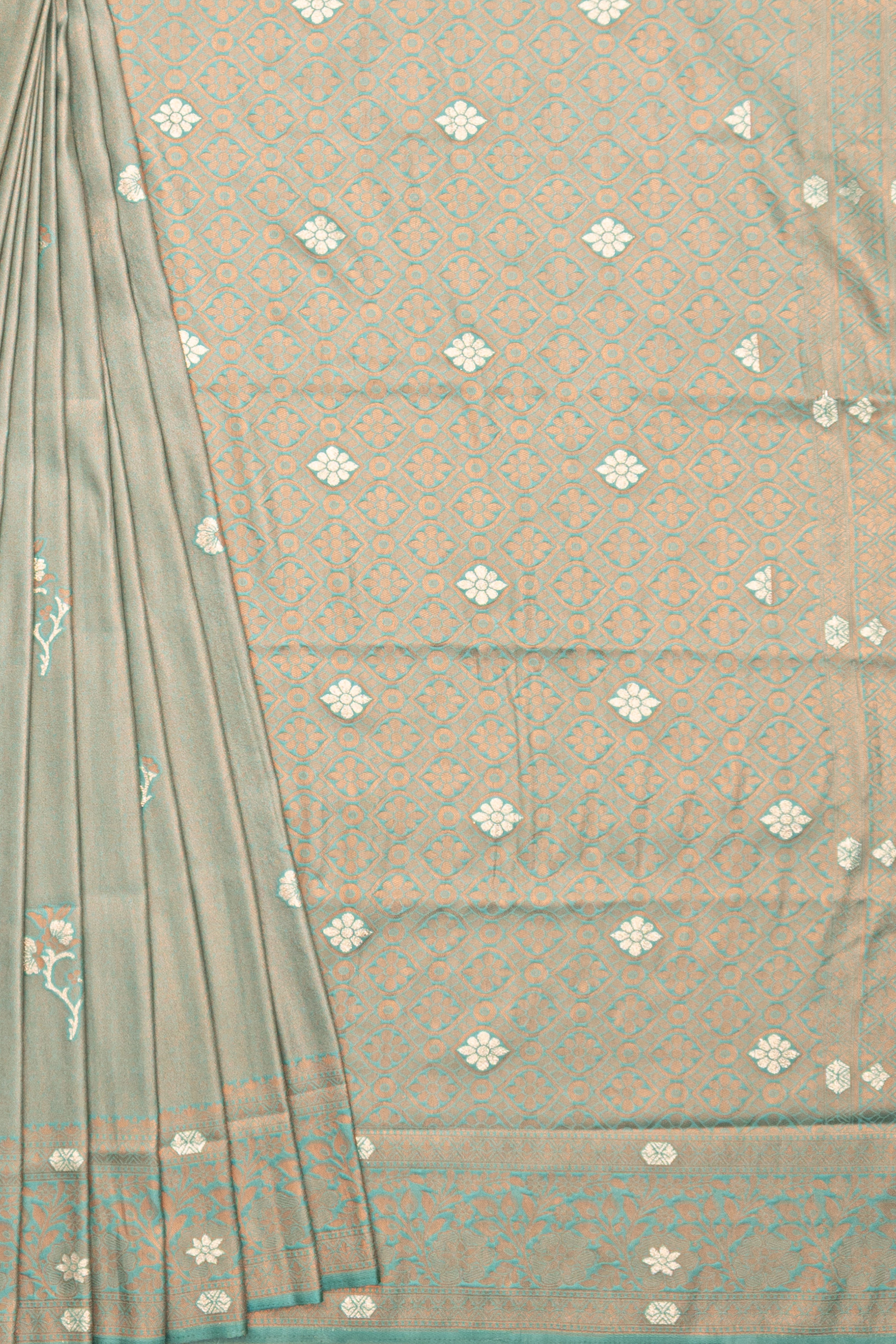 Forest Green Soft Silk Saree with Gold and Silver Zari Floral motifs